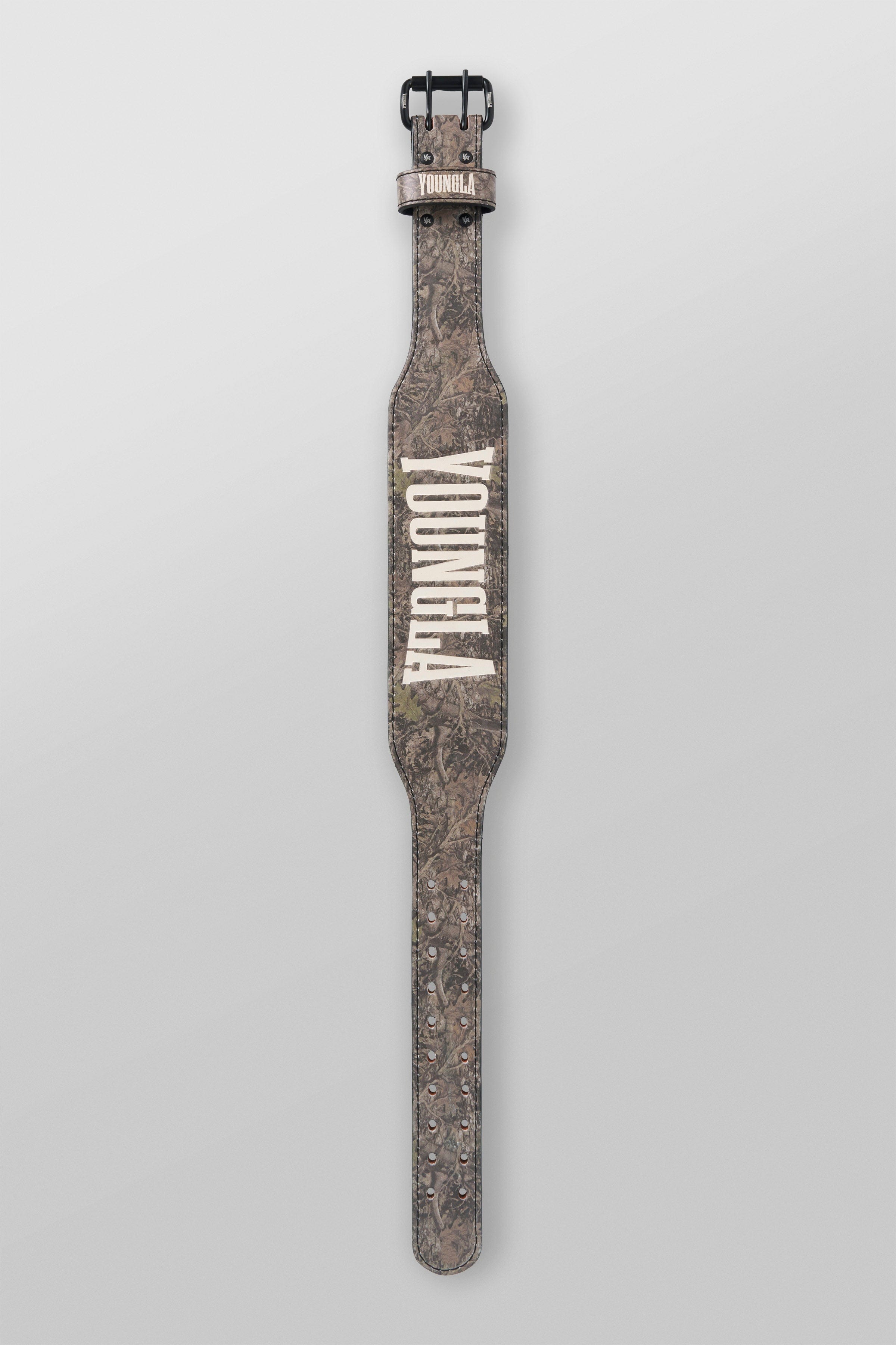 Close-up of the tree camo leather weightlifting belt showcasing its double prong design.