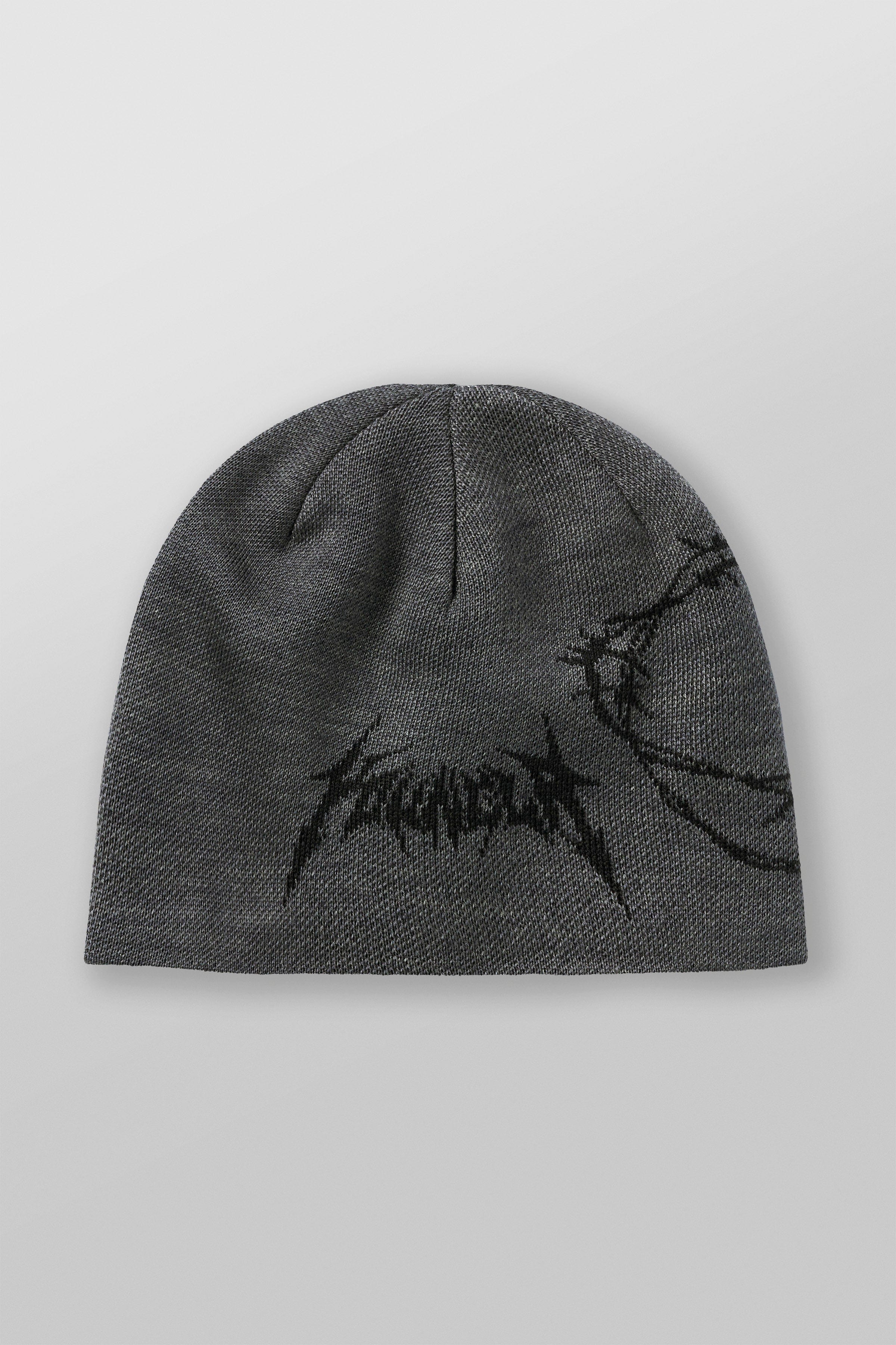 Close-up of the jacquard YoungLA logo on the designer beanie hat
