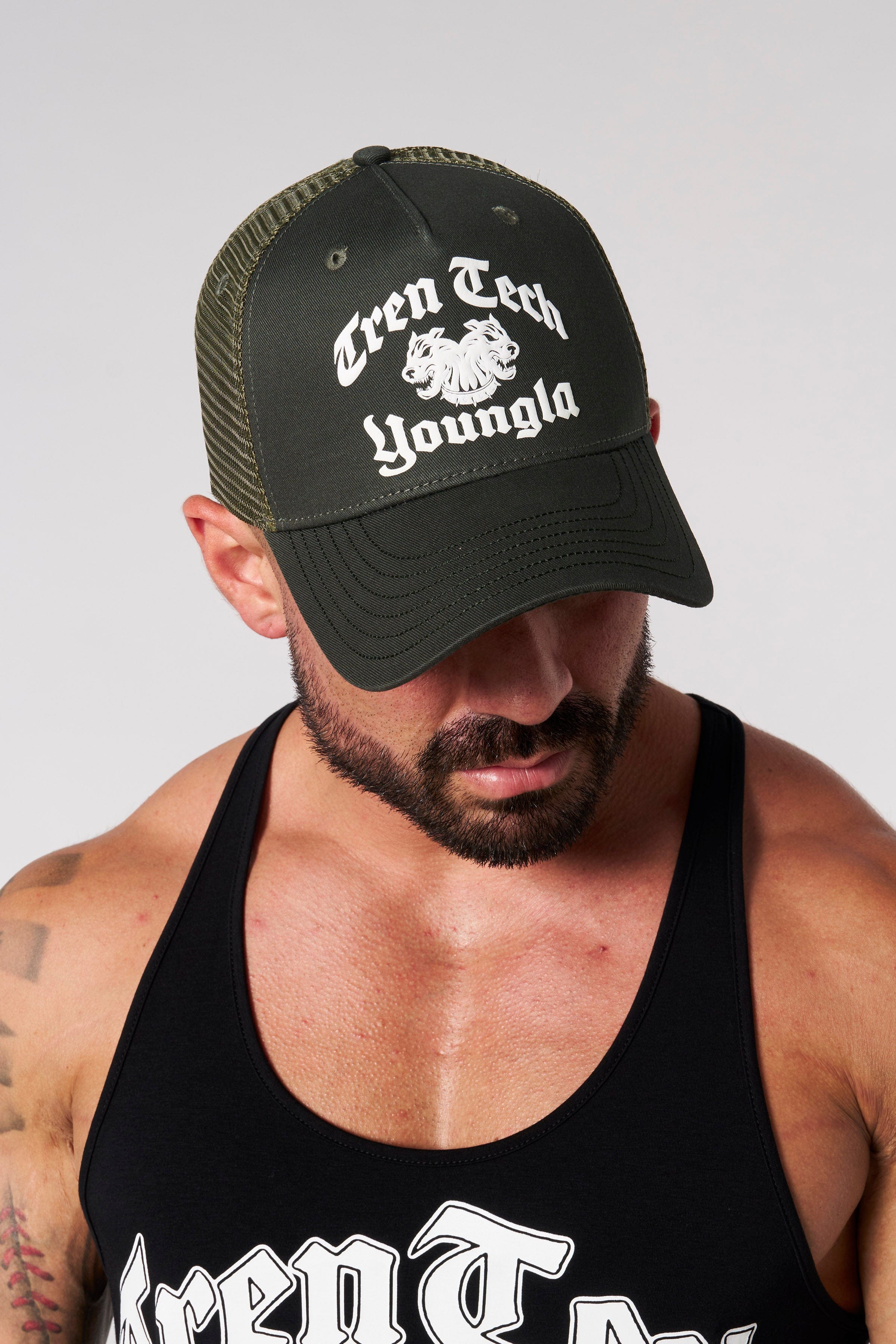 Close-up of a black trucker hat with mesh panels, ideal for outdoor wear