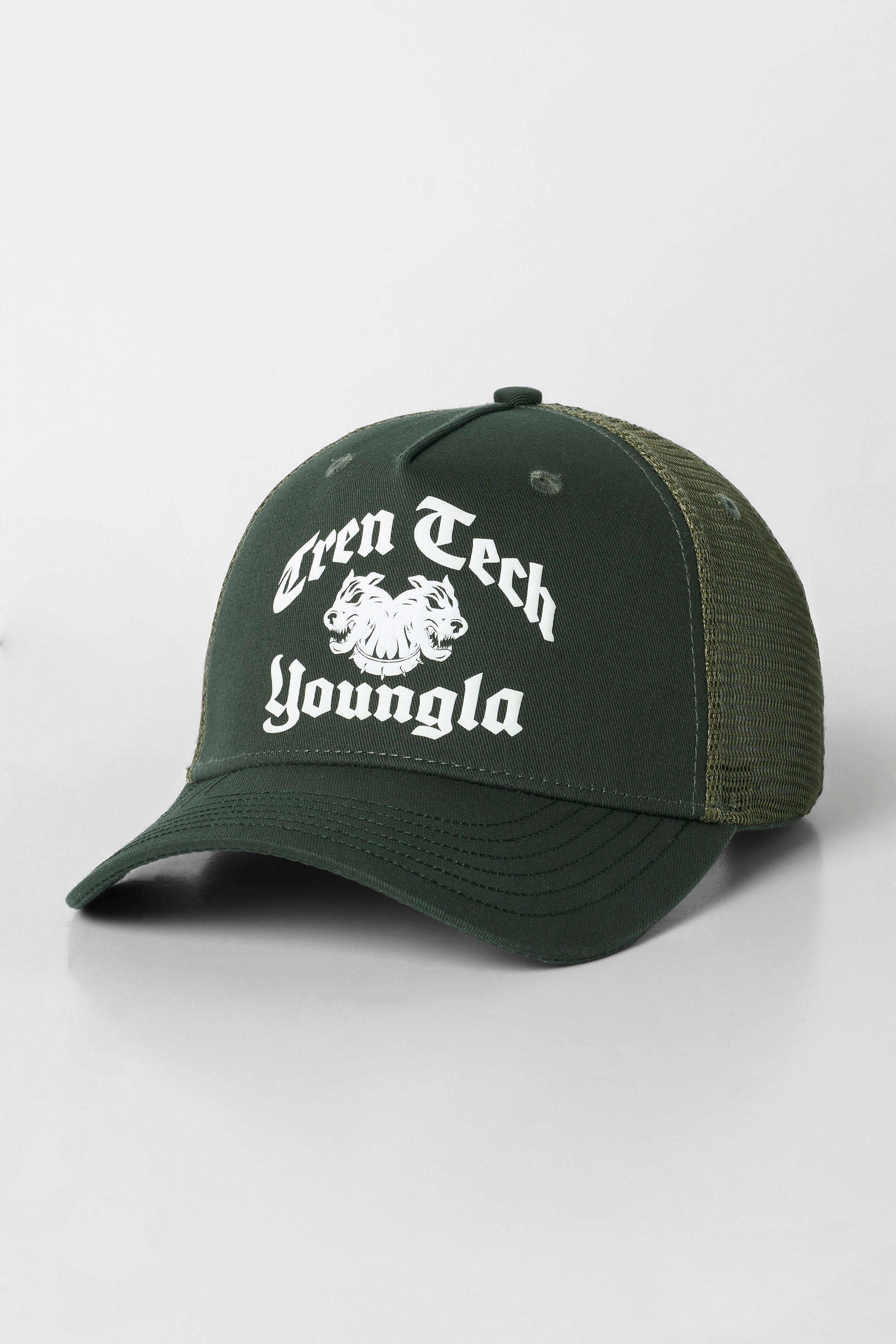 Front view of a trendy custom trucker hat with bold logos