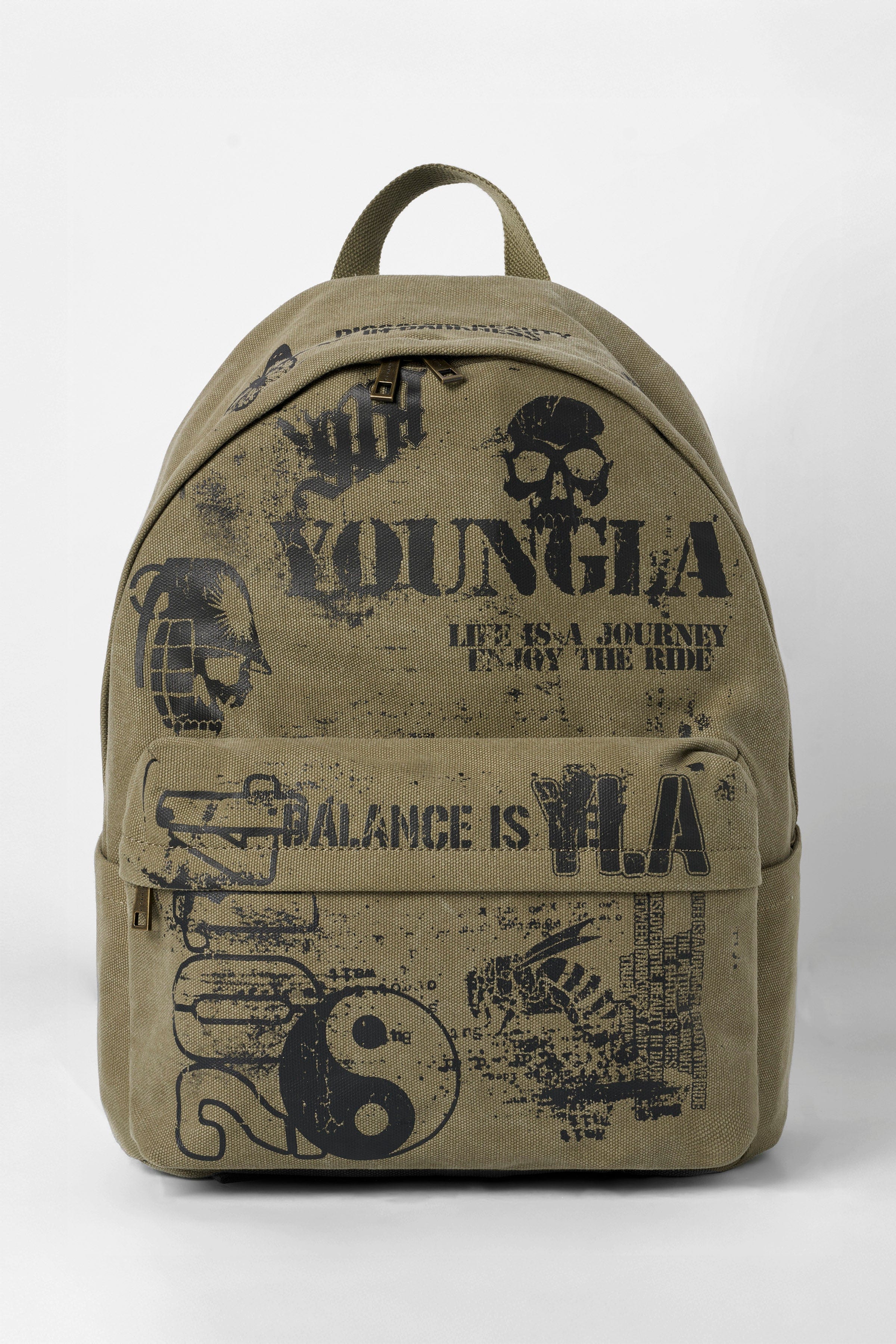 Front view of the rugged canvas tactical backpack with military-inspired design.