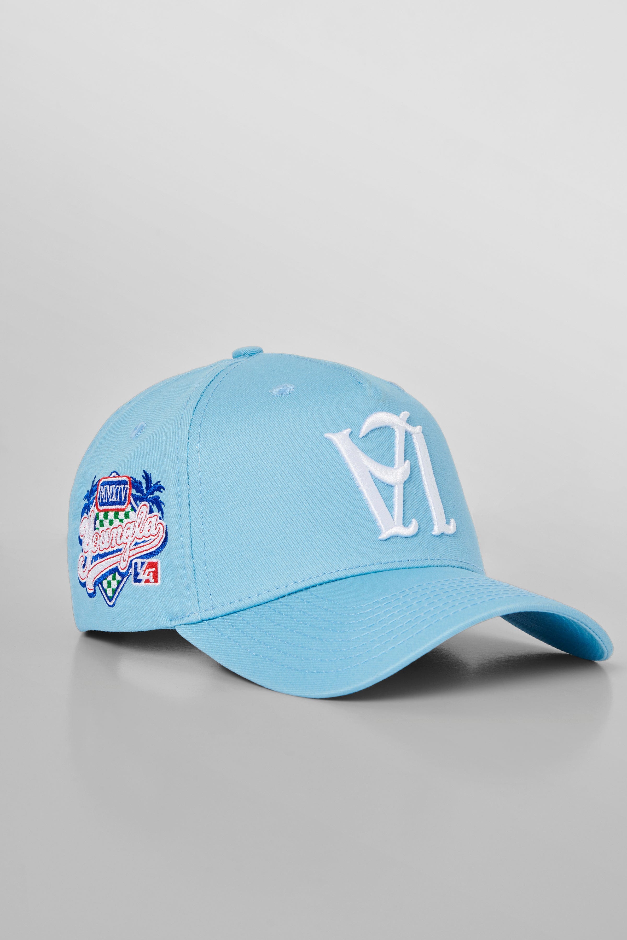 Side angle of the LA Reversed snapback hat, highlighting its A-frame design.