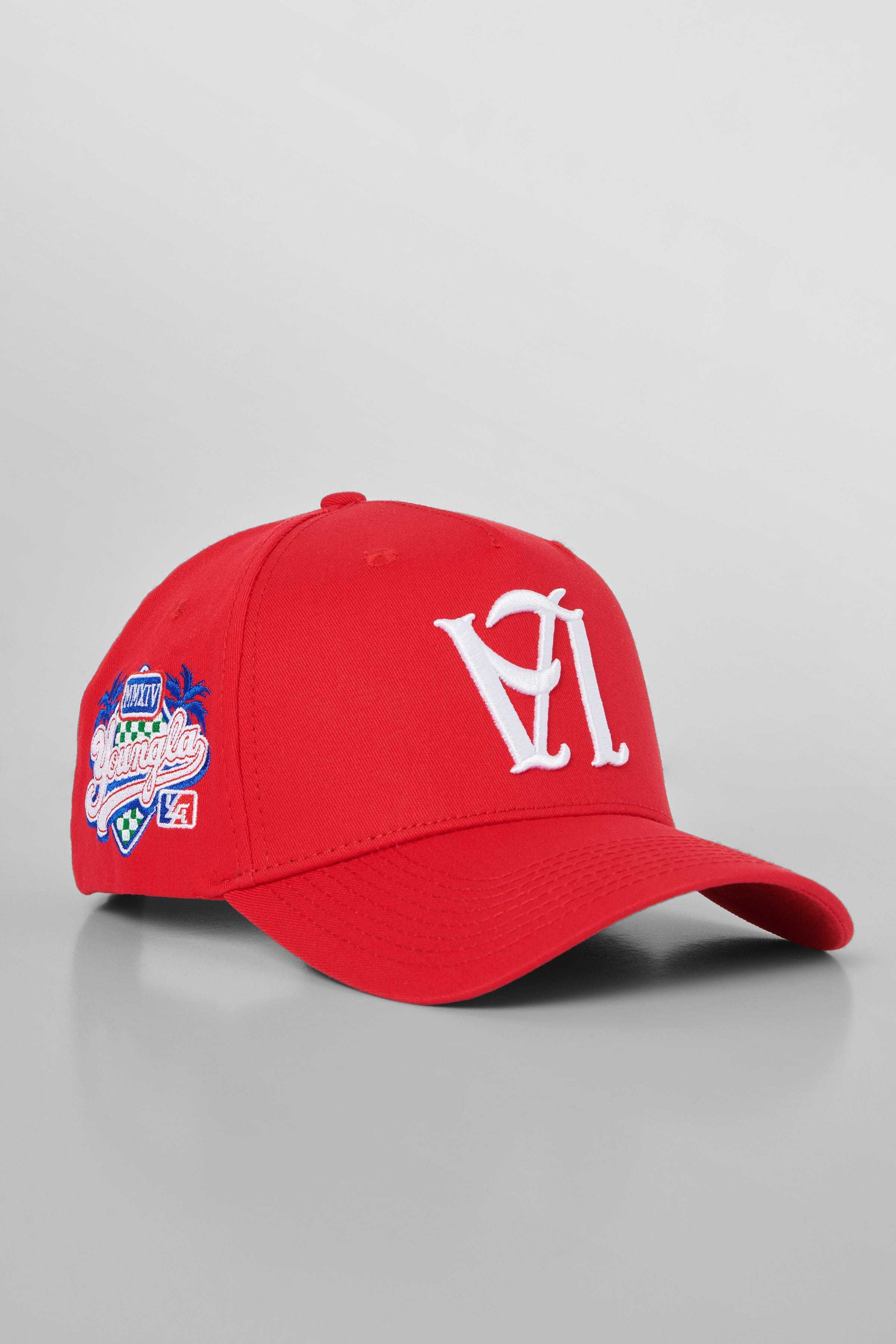 Side angle of the LA Reversed snapback hat, highlighting its A-frame design.