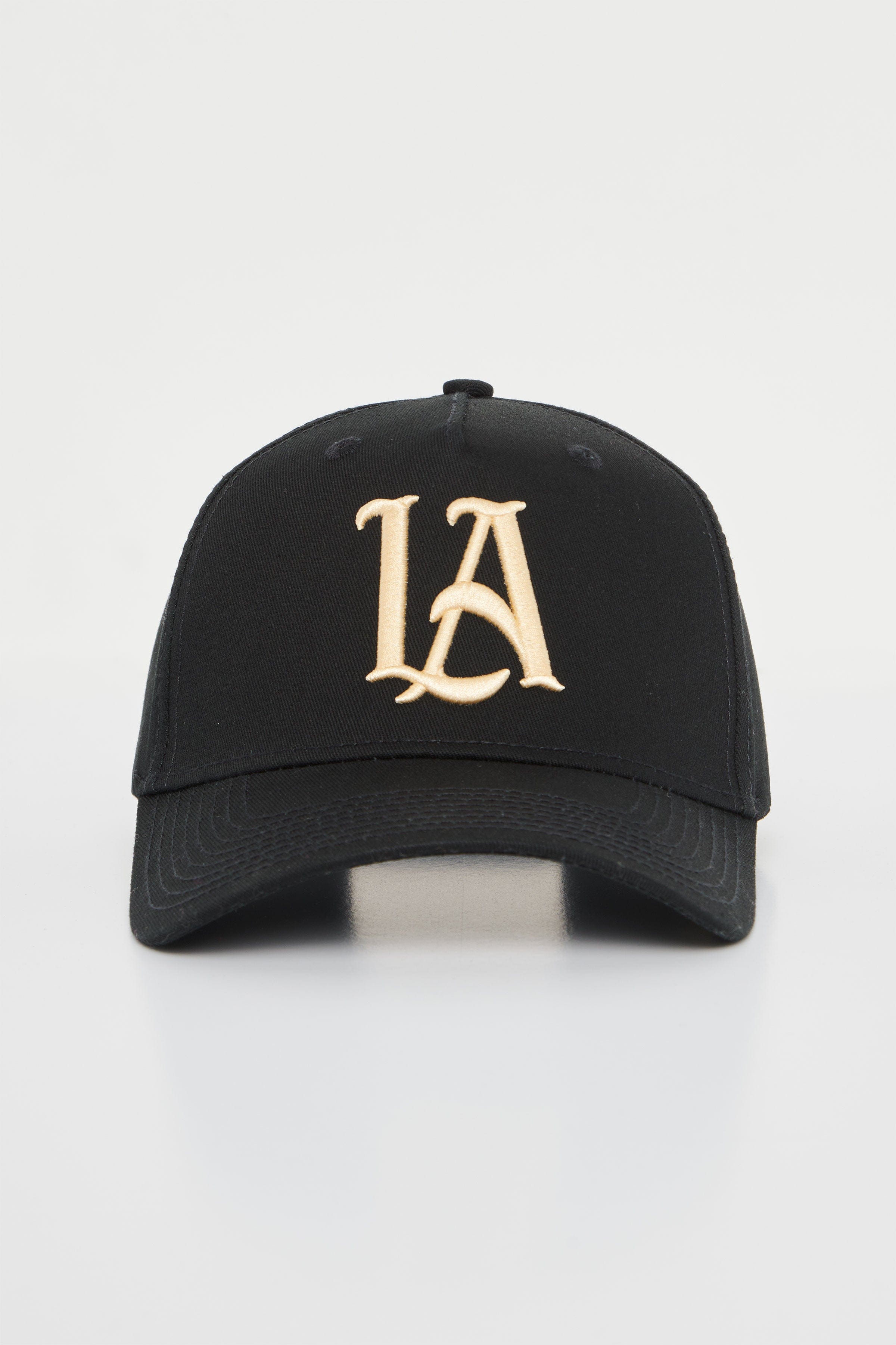 Front view of embroidered baseball hat with a structured A-Frame silhouette and detailed stitching.