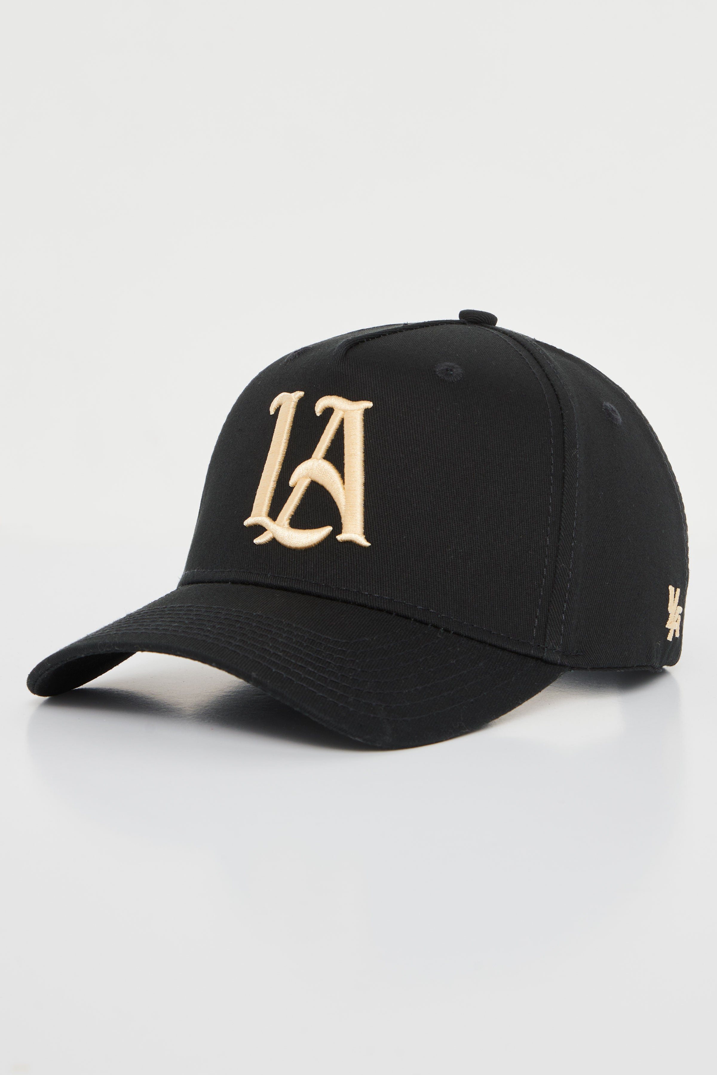 Front view of embroidered baseball hat with a structured A-Frame silhouette and detailed stitching.