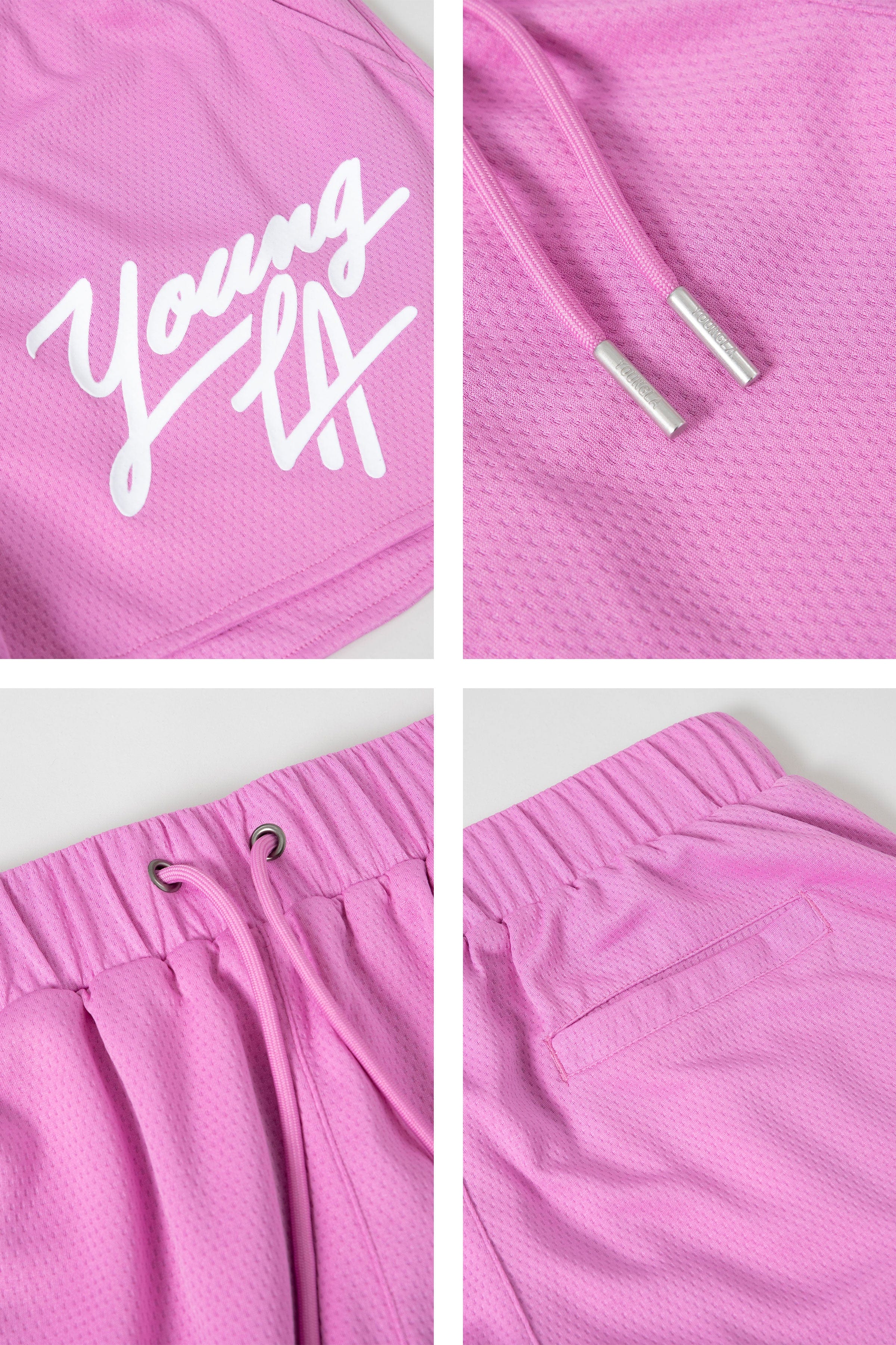 Gray mens workout shorts on hanger showing waistband detail