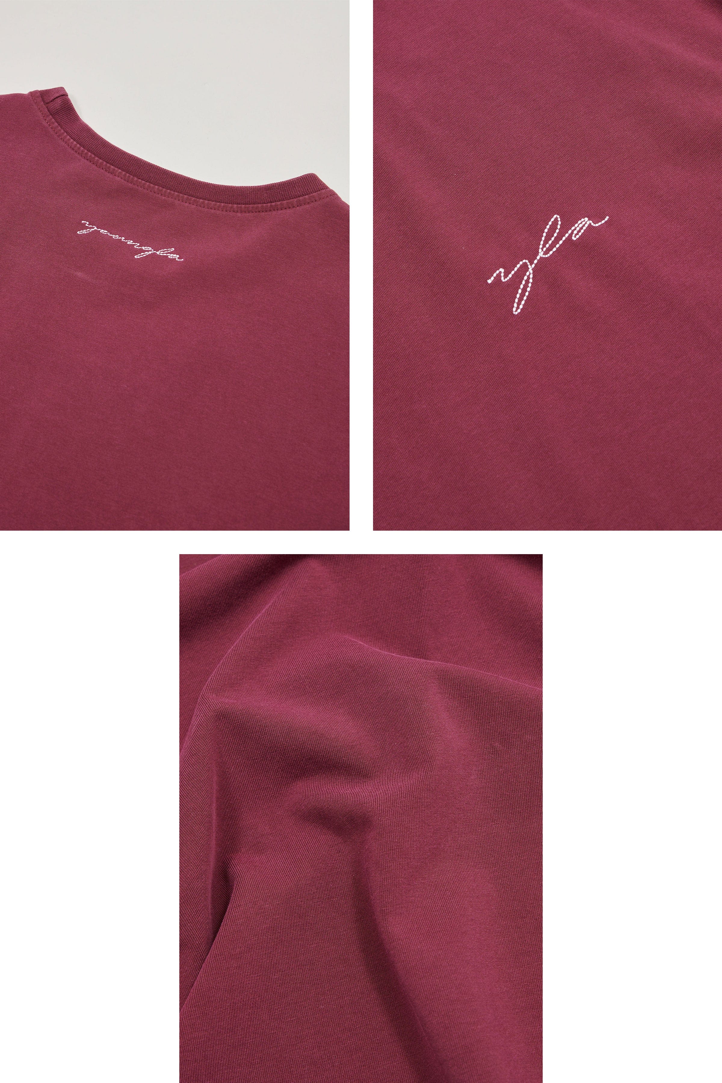 Front view of the slim fit t shirt on model, styled for fall layering