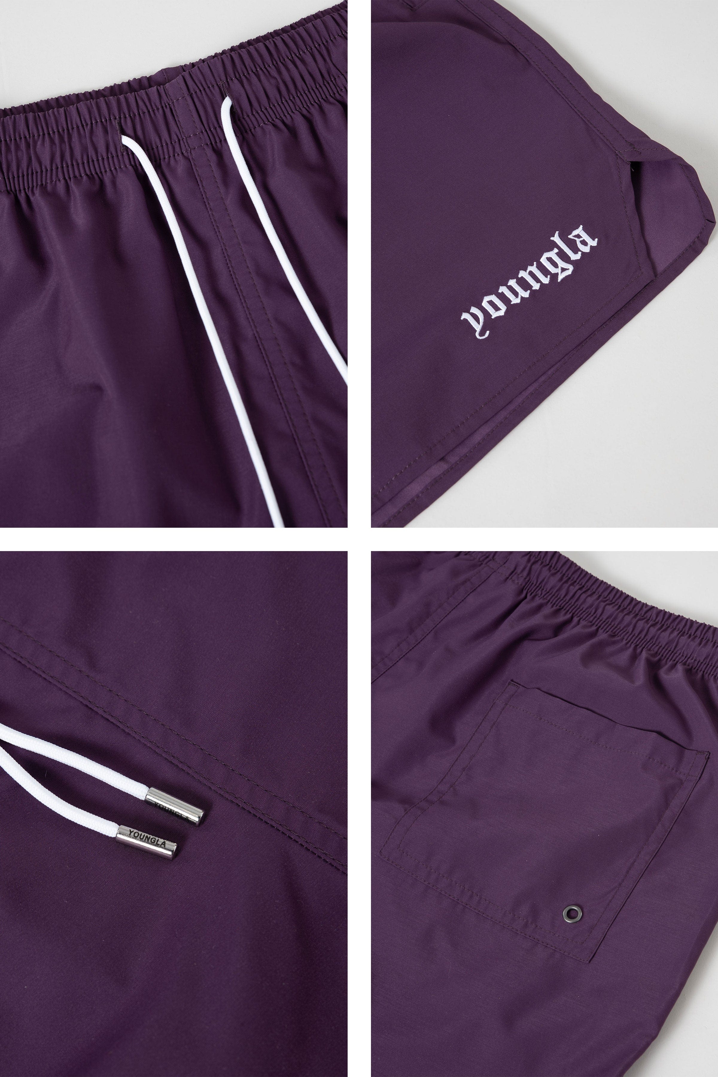 Back pocket detail of mens shorts, featuring elastic waistband and drawcord.