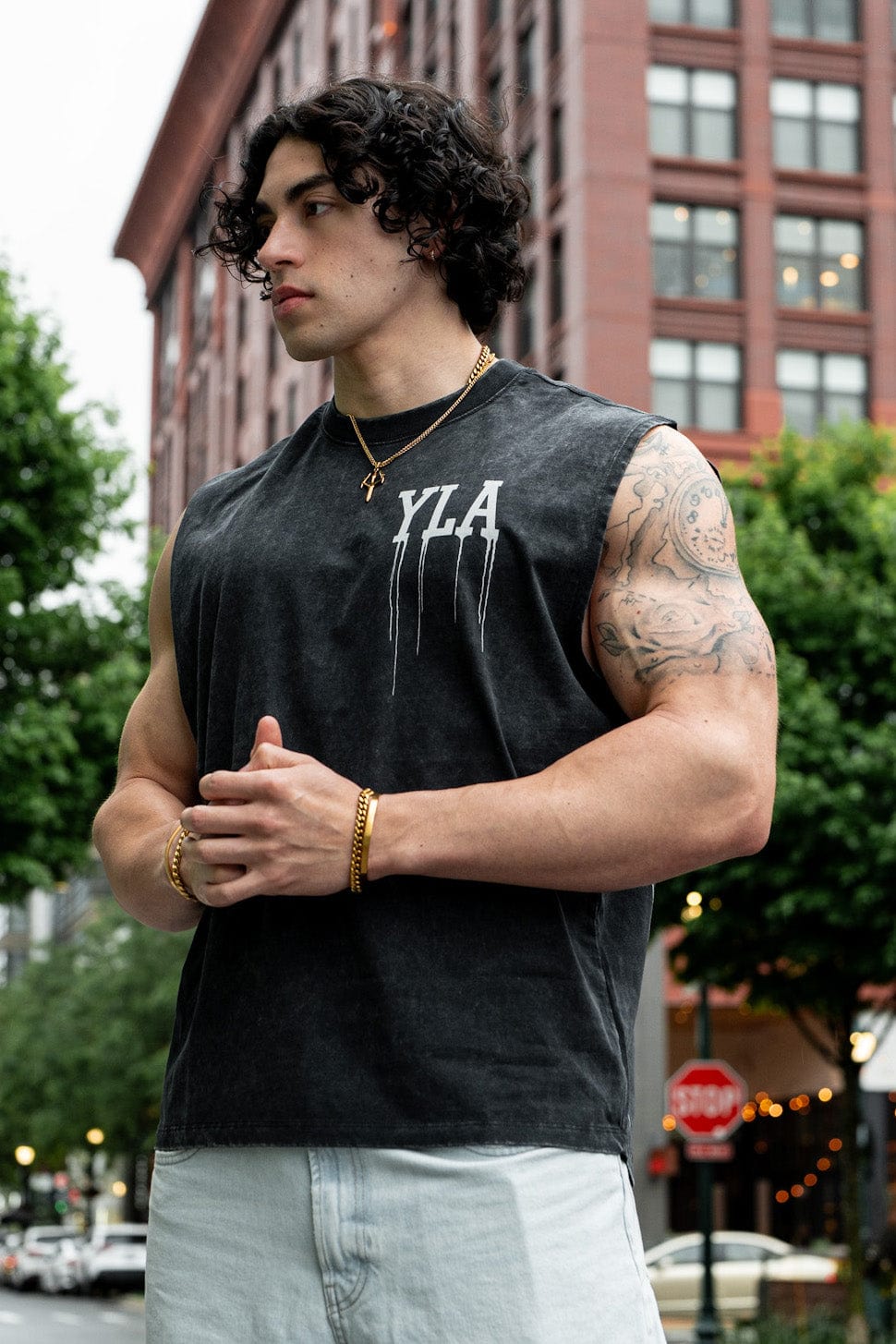 Back view of the muscle tank showing the drip print design