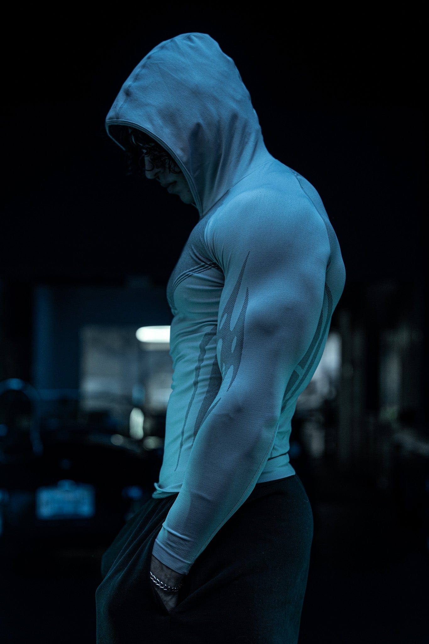 Close-up of the Warrior Compression Hoodie showing fabric texture and fit.