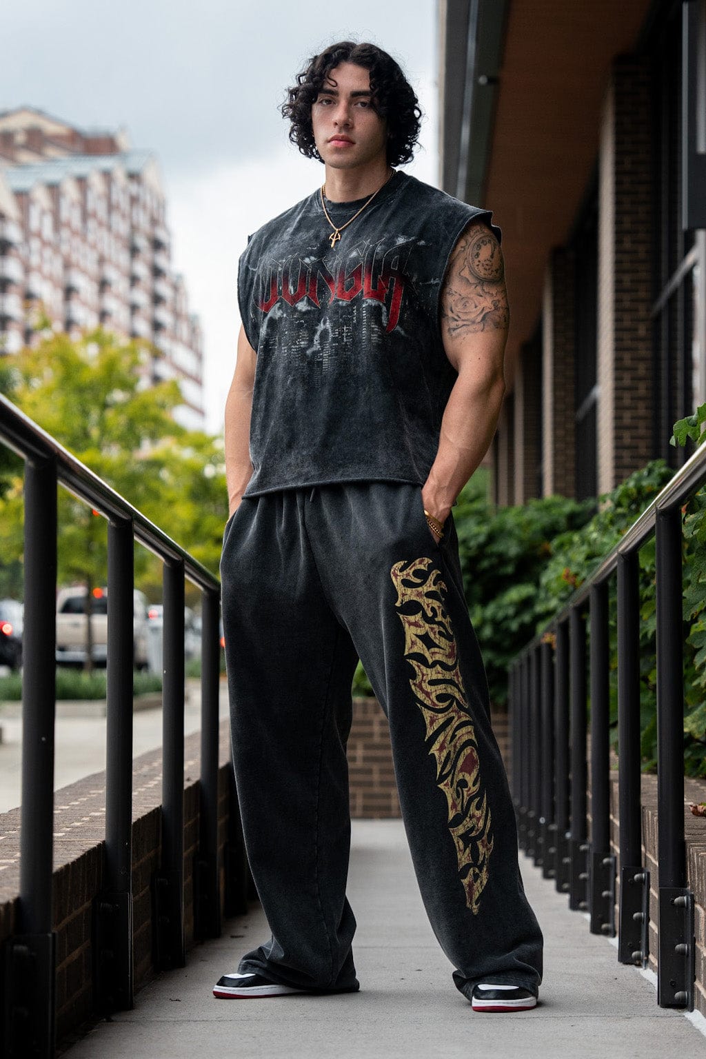 Inferno baggy sweats showcasing fire logo design from the side.