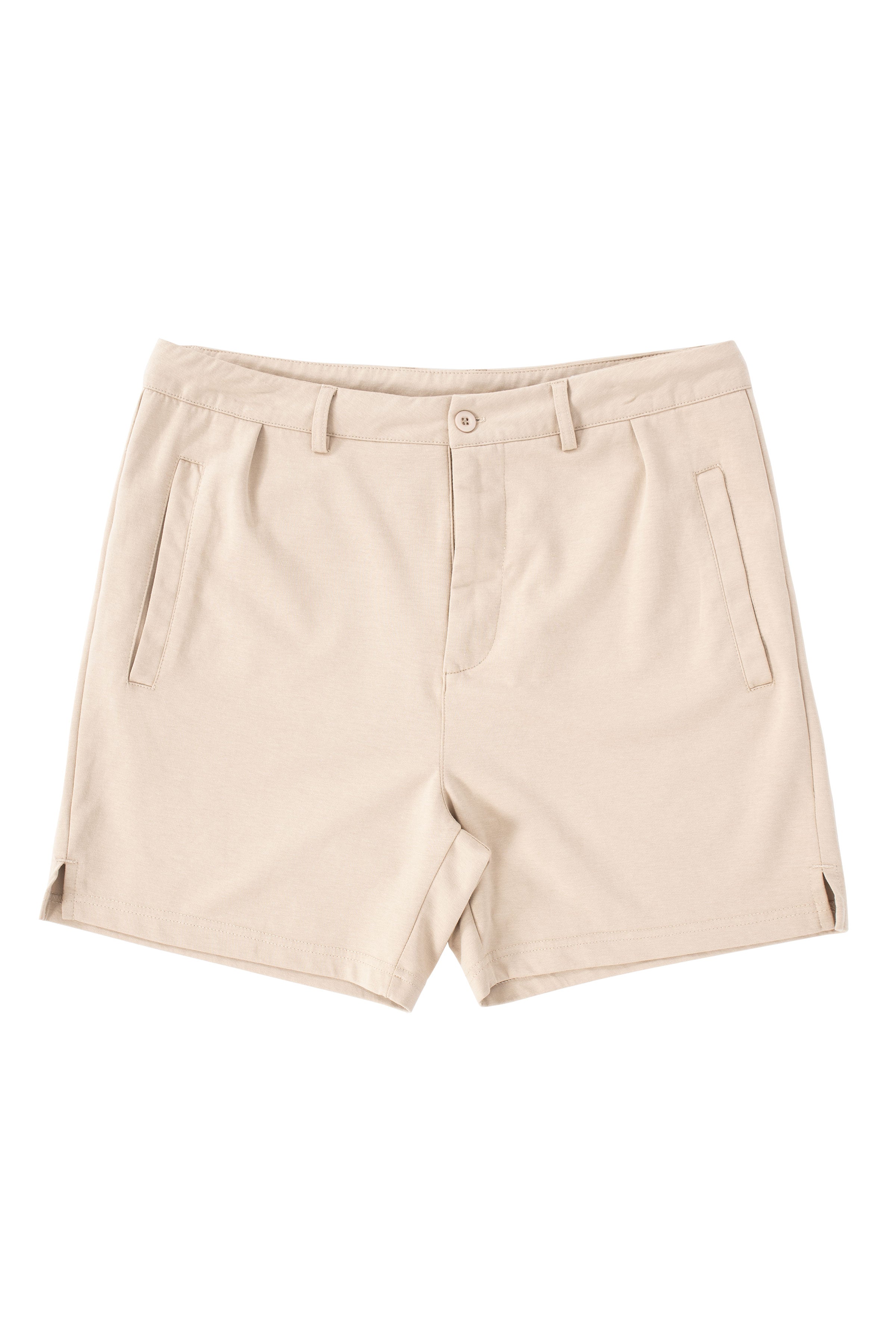 Mens casual shorts displayed on a beach, perfect for summer vacations.