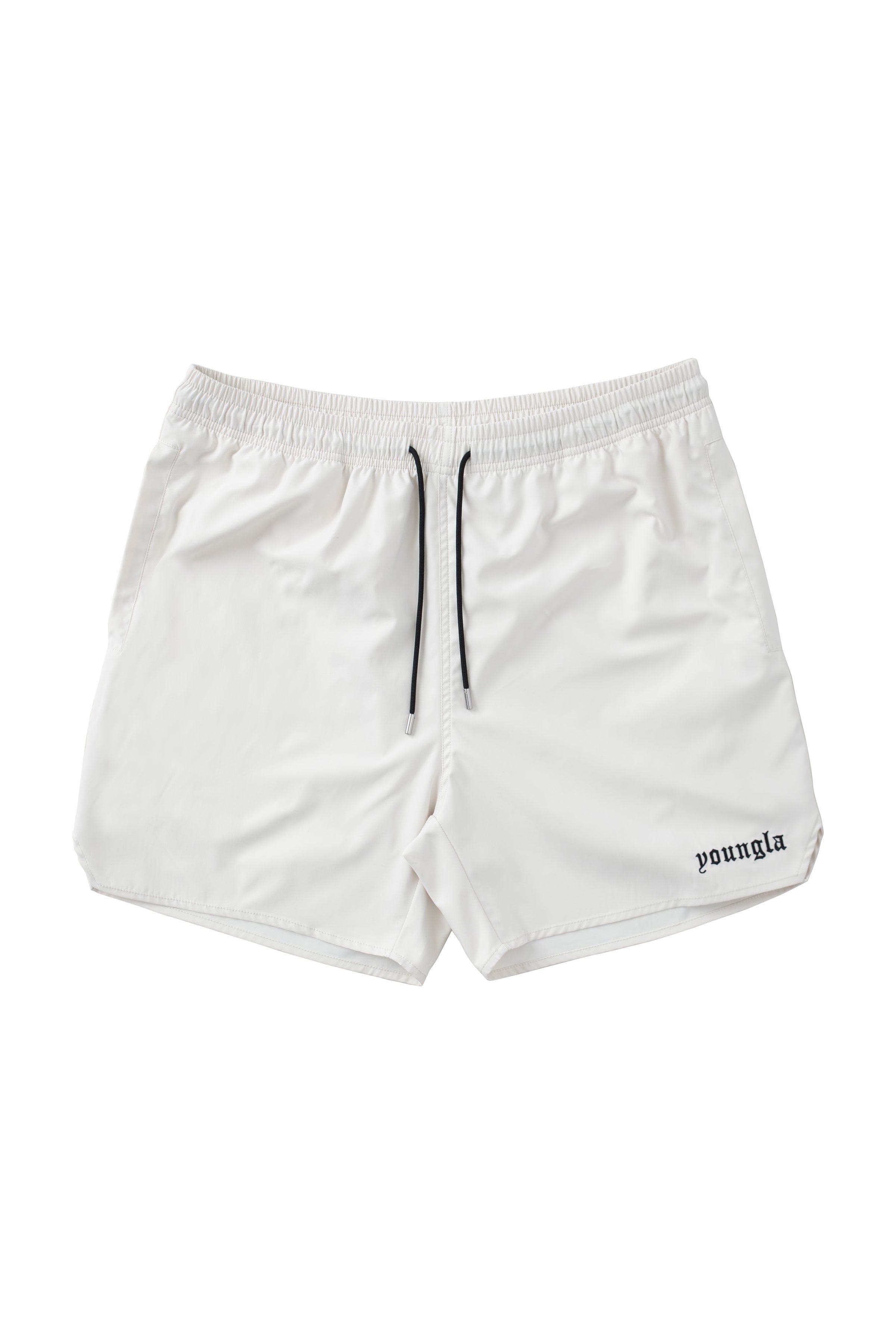 Back pocket detail of mens shorts, featuring elastic waistband and drawcord.