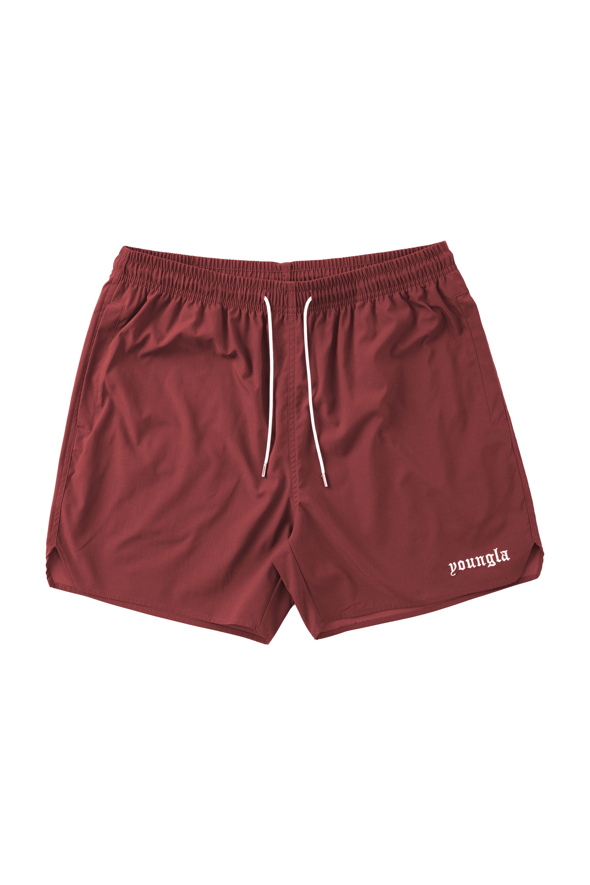 Back pocket detail of mens shorts, featuring elastic waistband and drawcord.