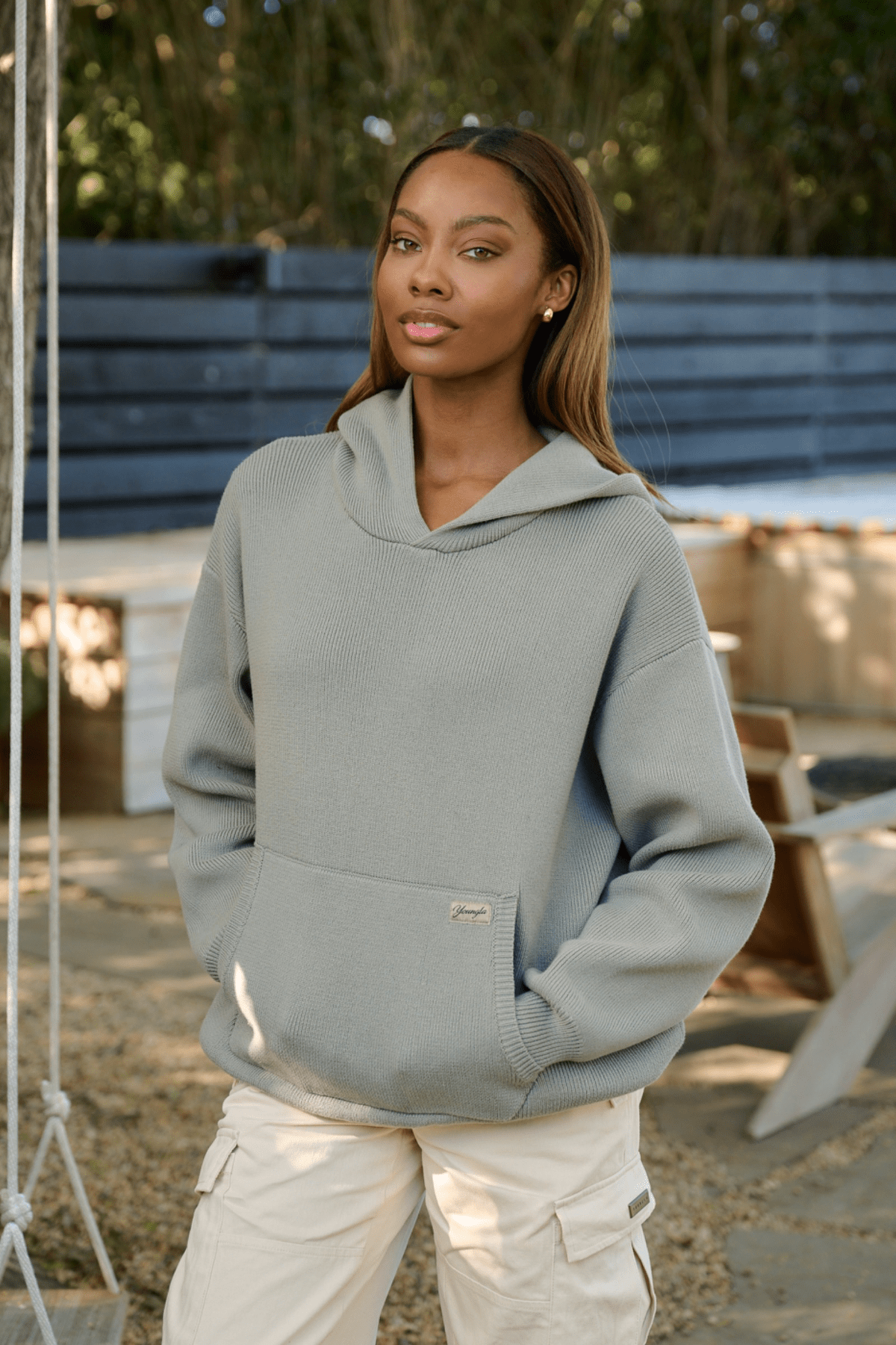 Side angle of Bella Luxe casual hoodie, highlighting the stylish design.
