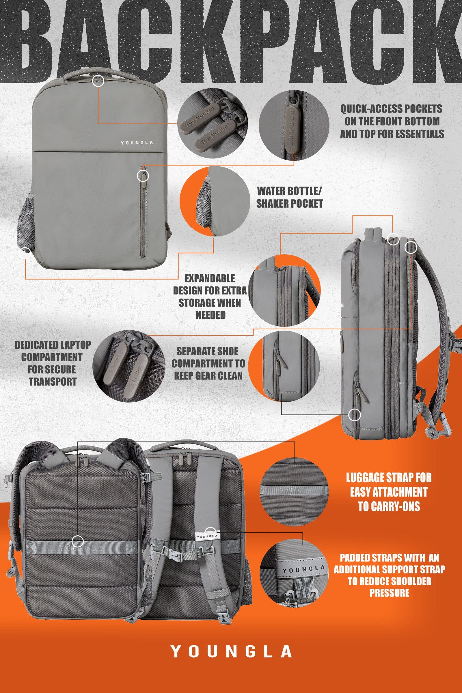Interior shot of the backpack with laptop and organized mesh pockets
