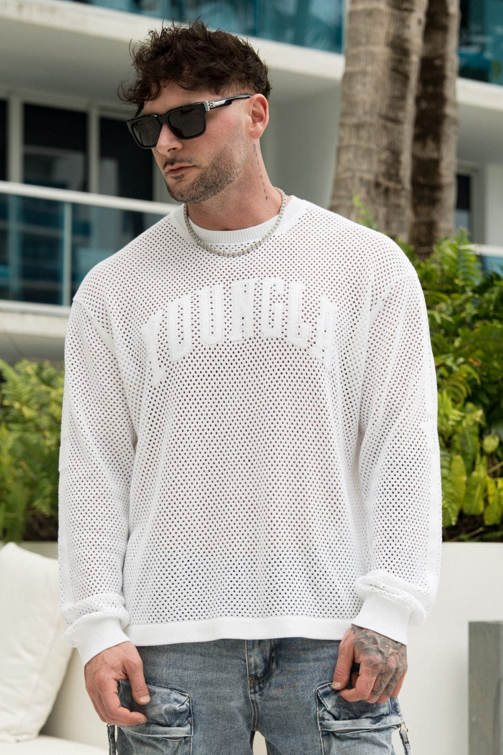 Front view of YoungLA 99 Knit Long Sleeve T-Shirt showcasing its open-knit design.