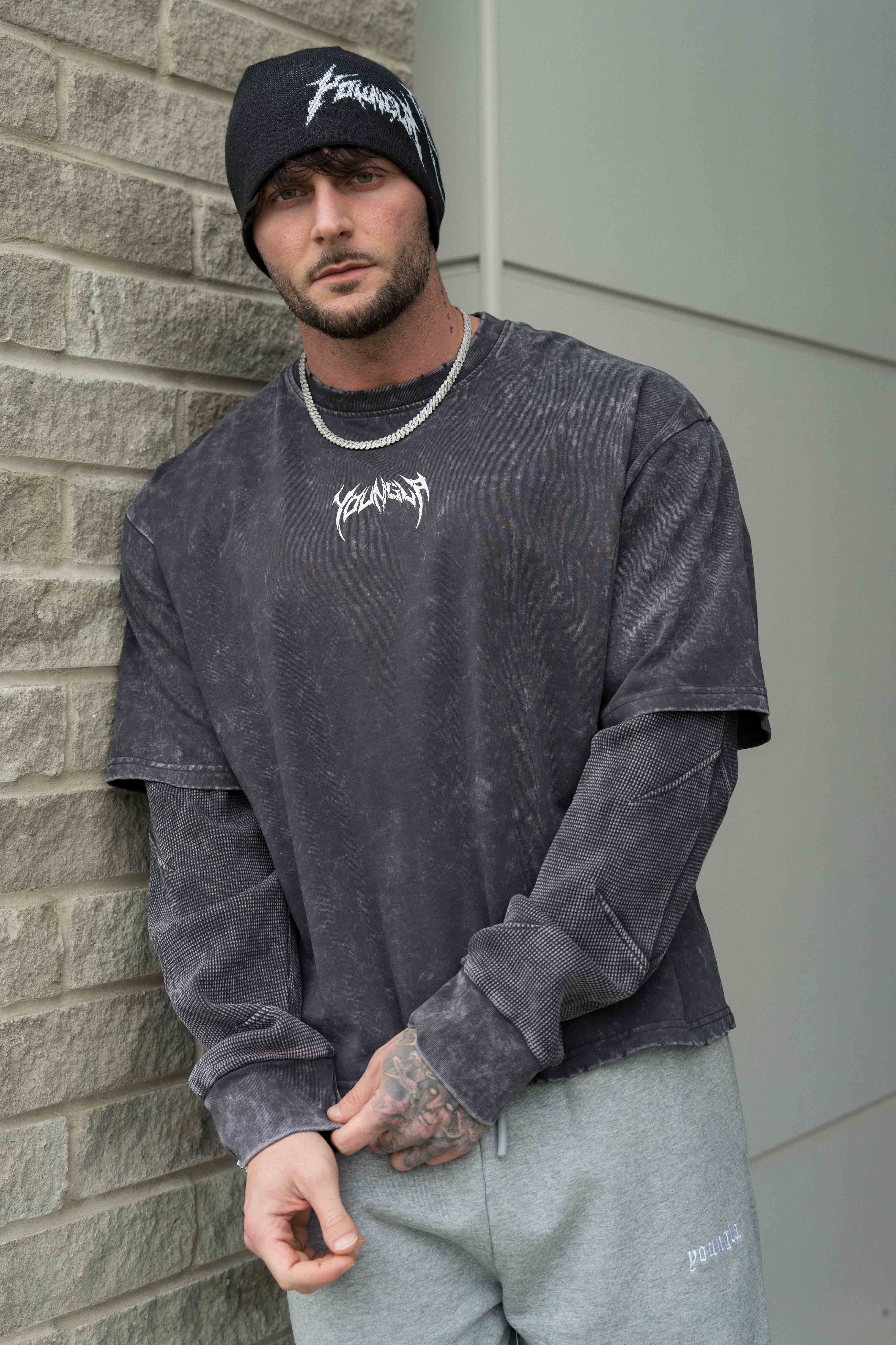 Side view of Shadow Twofer Long Sleeve T-Shirt highlighting thermal under-sleeves.
