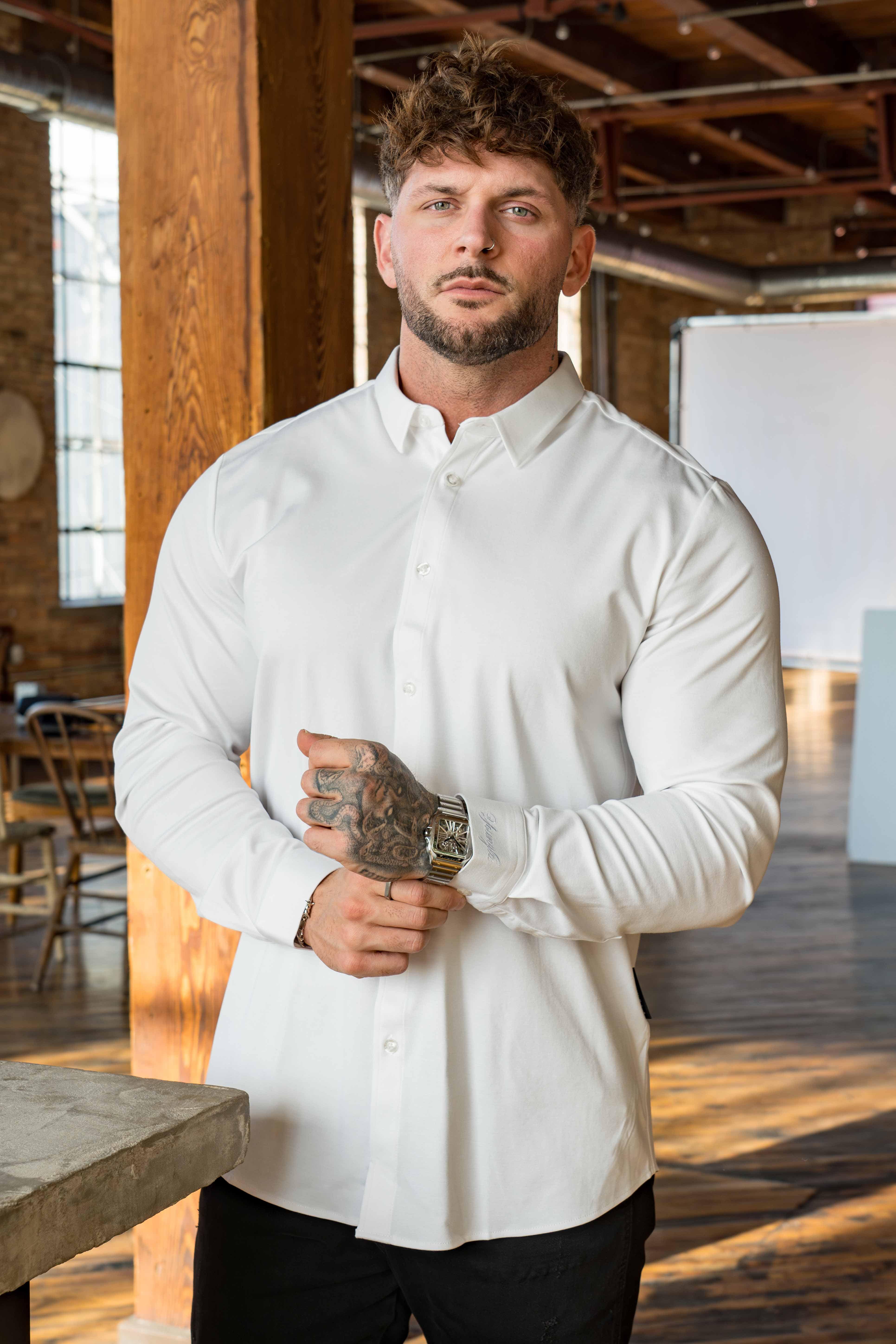 Close-up of a tailored dress shirt showcasing its fabric and fit.