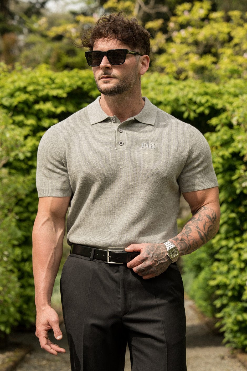 Close-up of the soft cotton knit texture of the dressy polo shirt