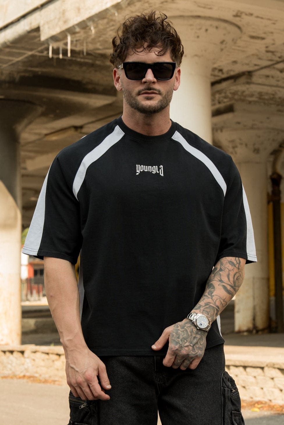 Front view of the Stellar oversized cotton tee on a model.