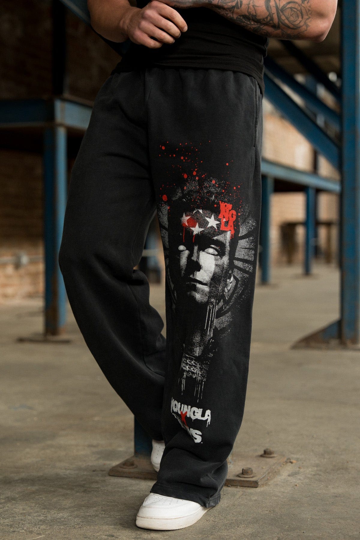 Close-up of the graphic design on the Savage Comfort Sweats.