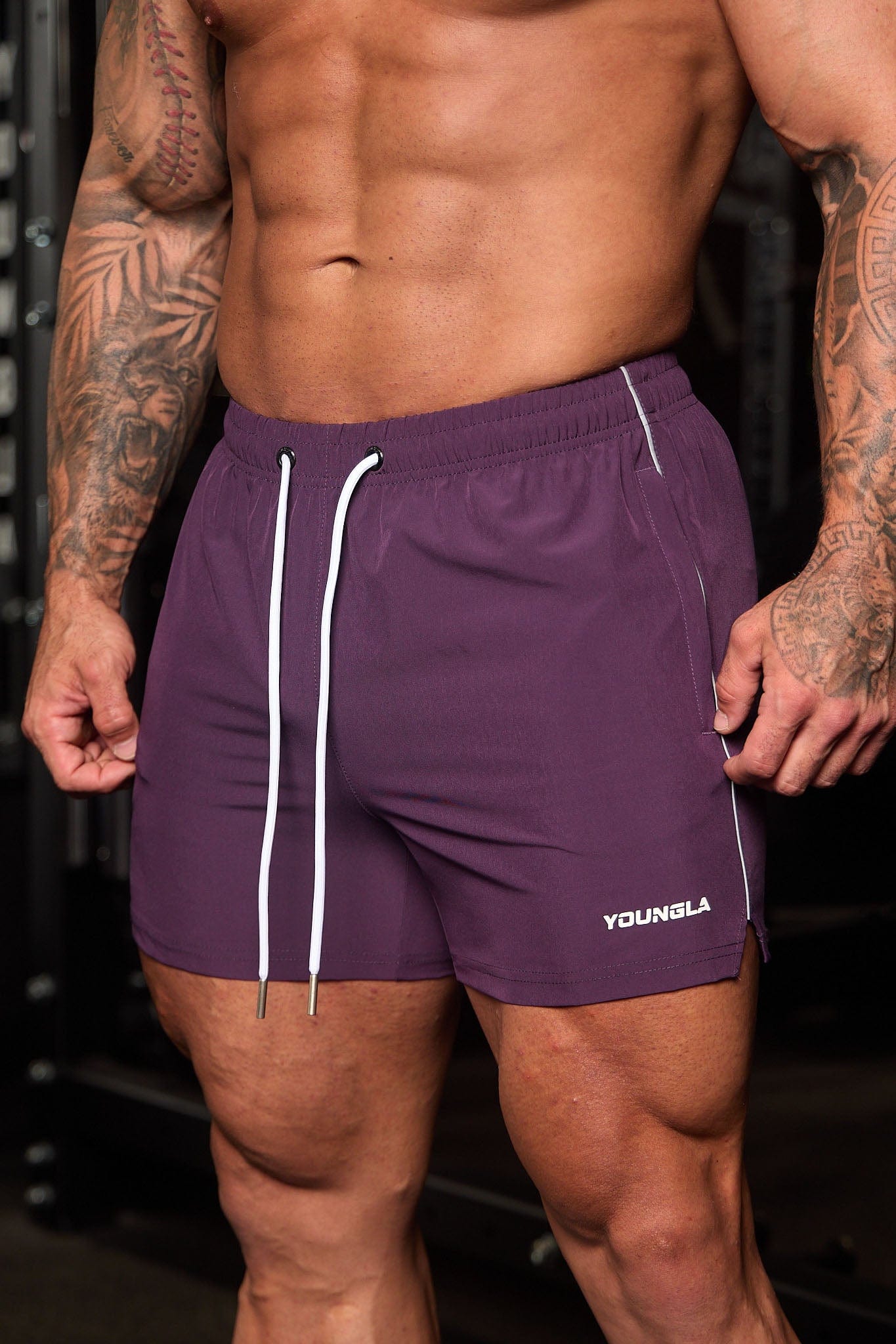Front view of mens athletic shorts worn during squats