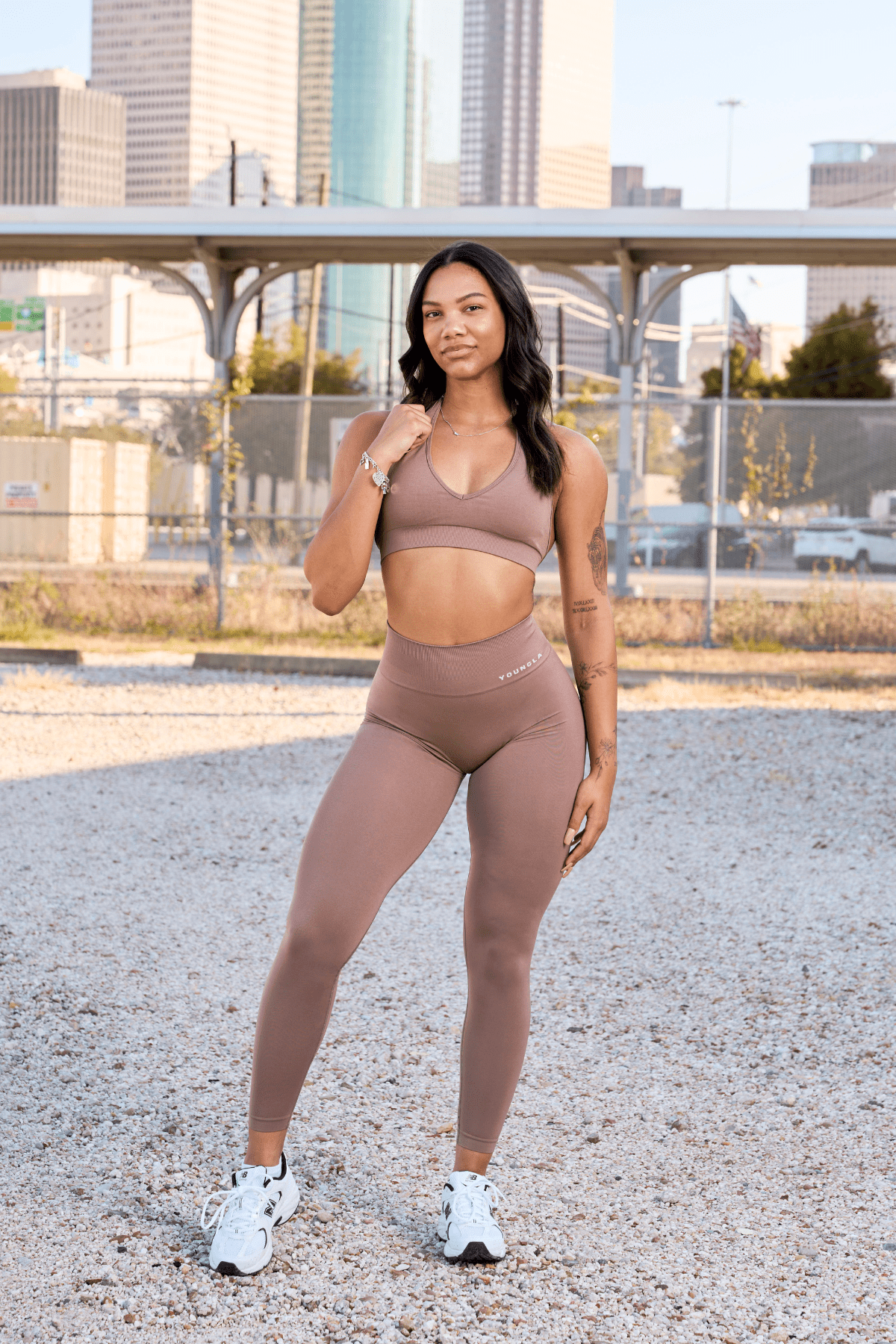 Front view of seamless compression leggings for women during yoga.