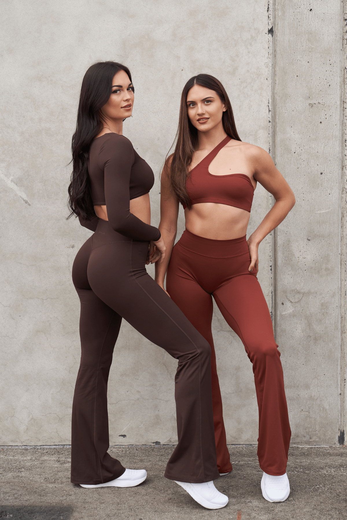 Back view showing curve-enhancing seam of flare leggings