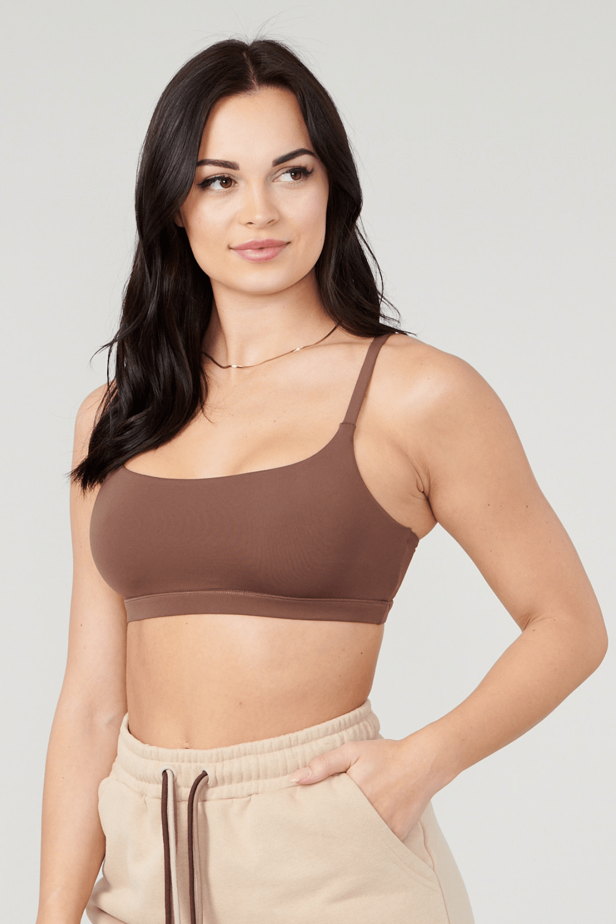 Side view of the bra showing its seamless medium support design