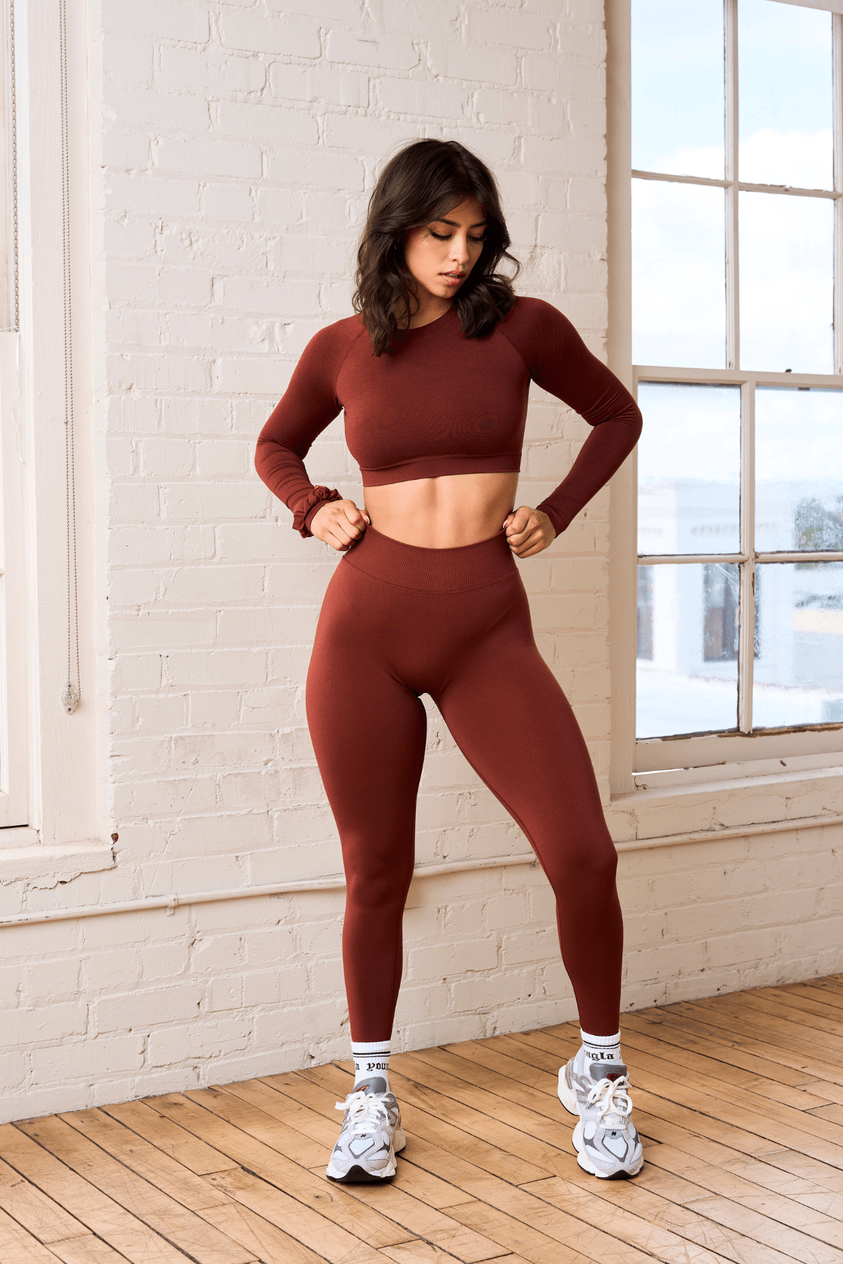 Close-up of the ribbed waistband on seamless leggings for women, providing support and style.