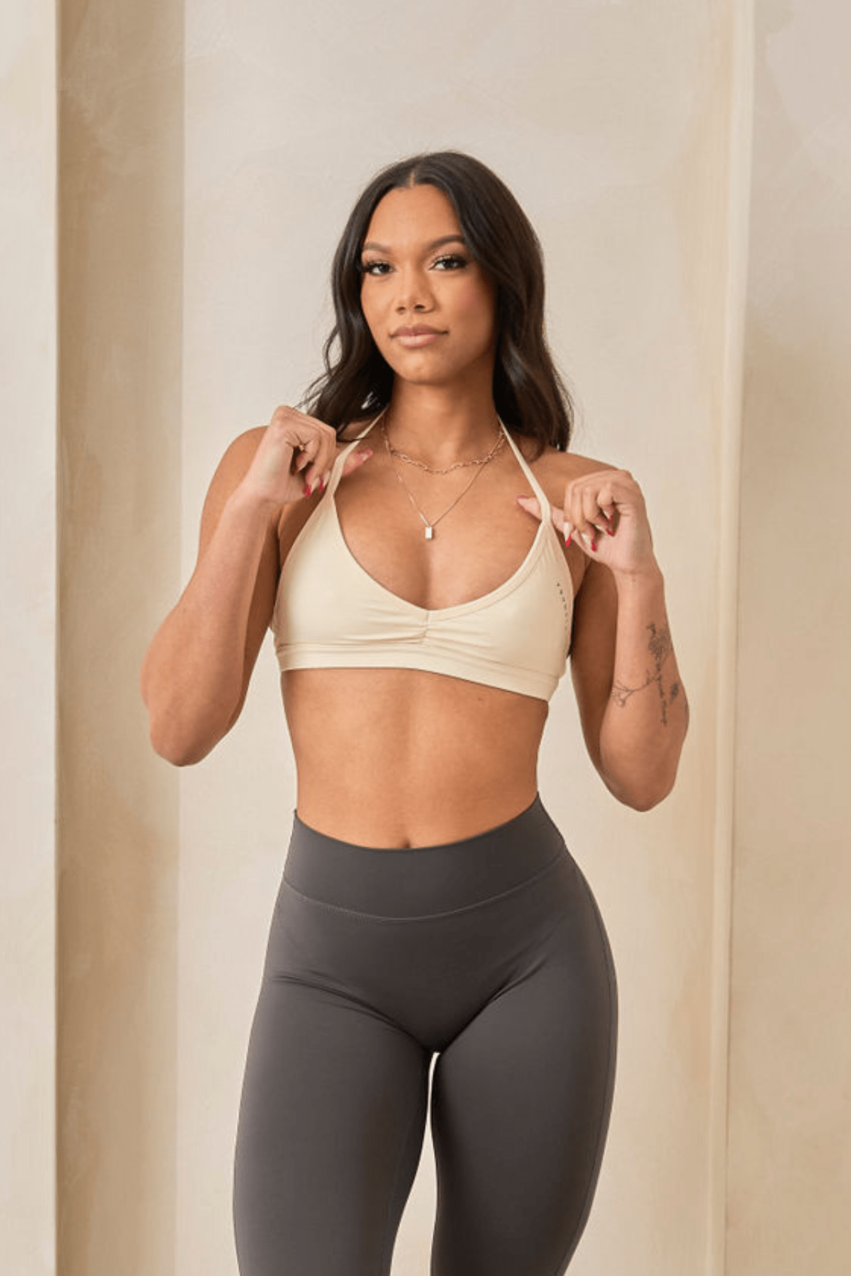 Front view of Urban V-Neck sports bra showcasing scrunch detail.