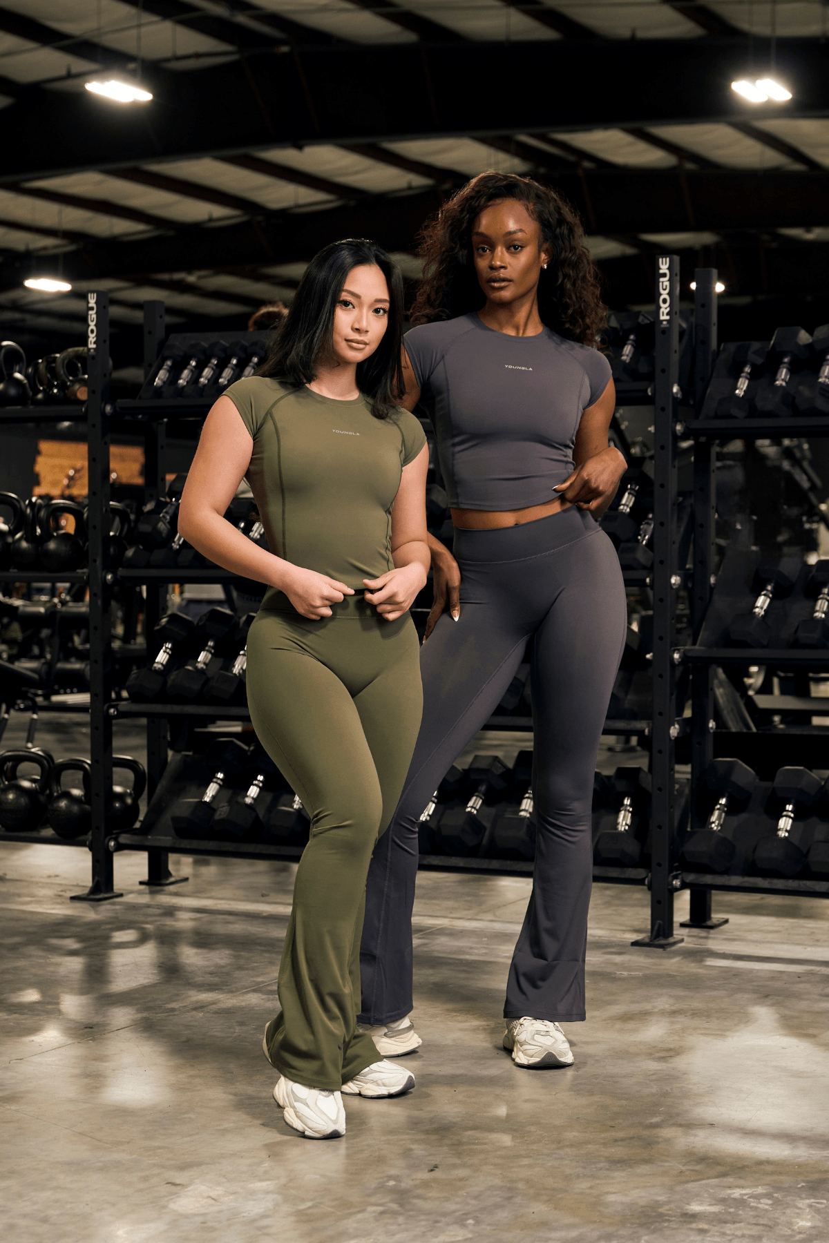 Back view showing curve-enhancing seam of flare leggings