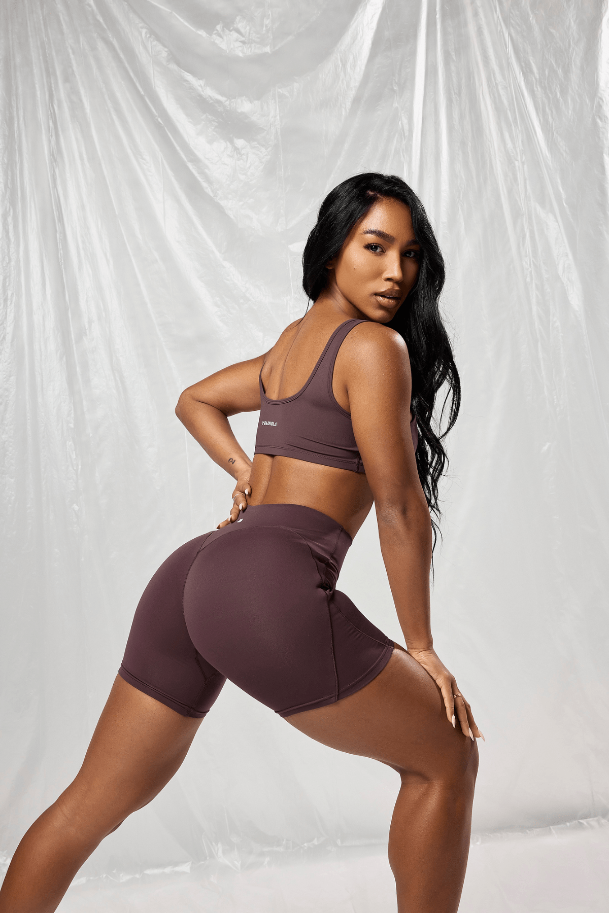 Side view showcasing the flattering design of the gym shorts for women.