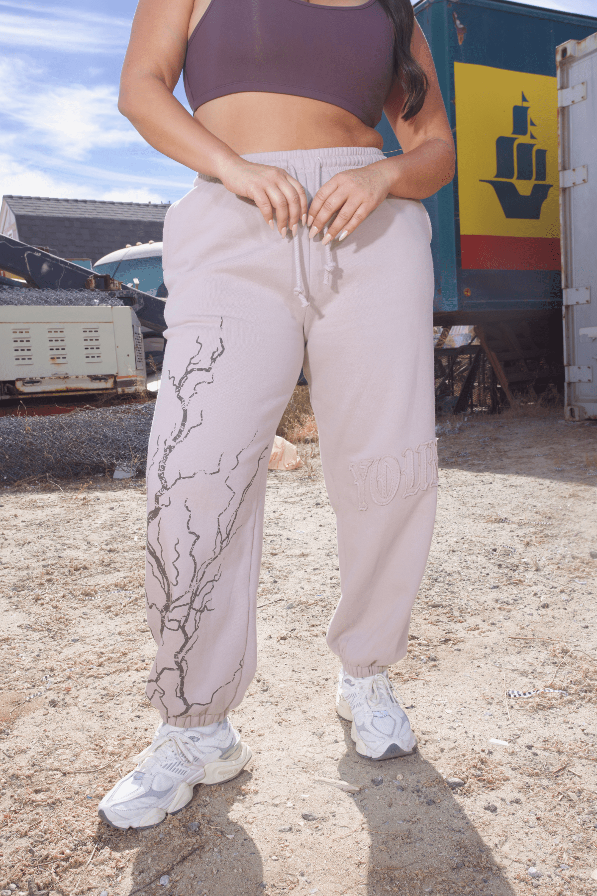 Model wearing joggers paired with a matching hoodie.