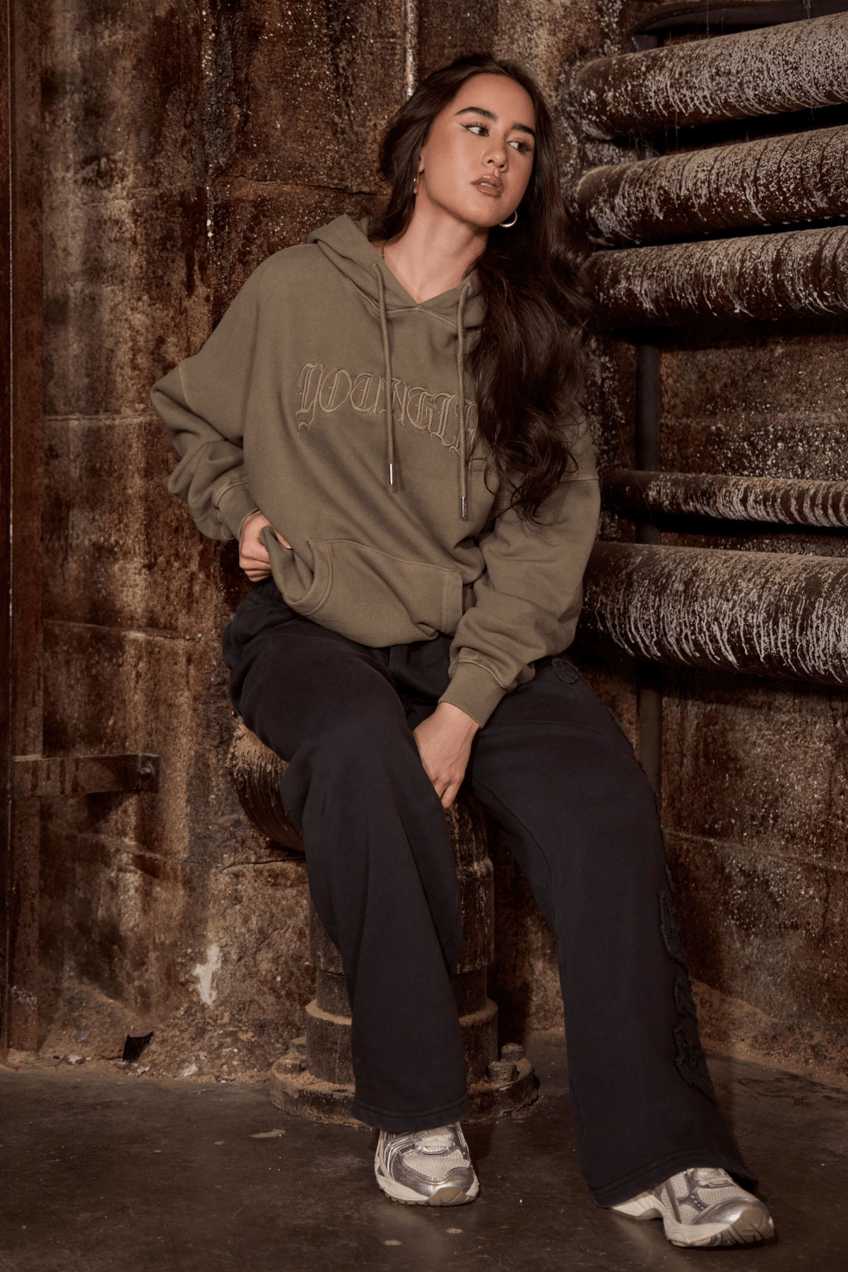 Close-up of the embroidery on the oversized hoodie for men and women