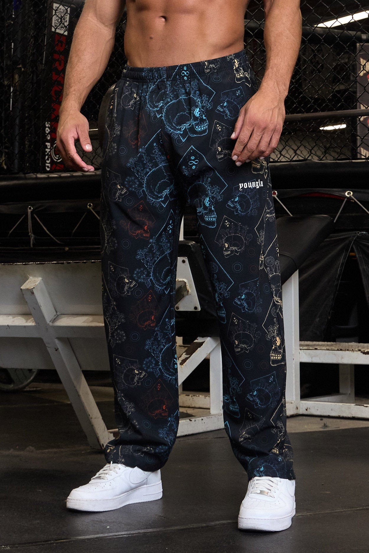 Front view of skull pants showing the edgy skull design, ideal for activewear enthusiasts