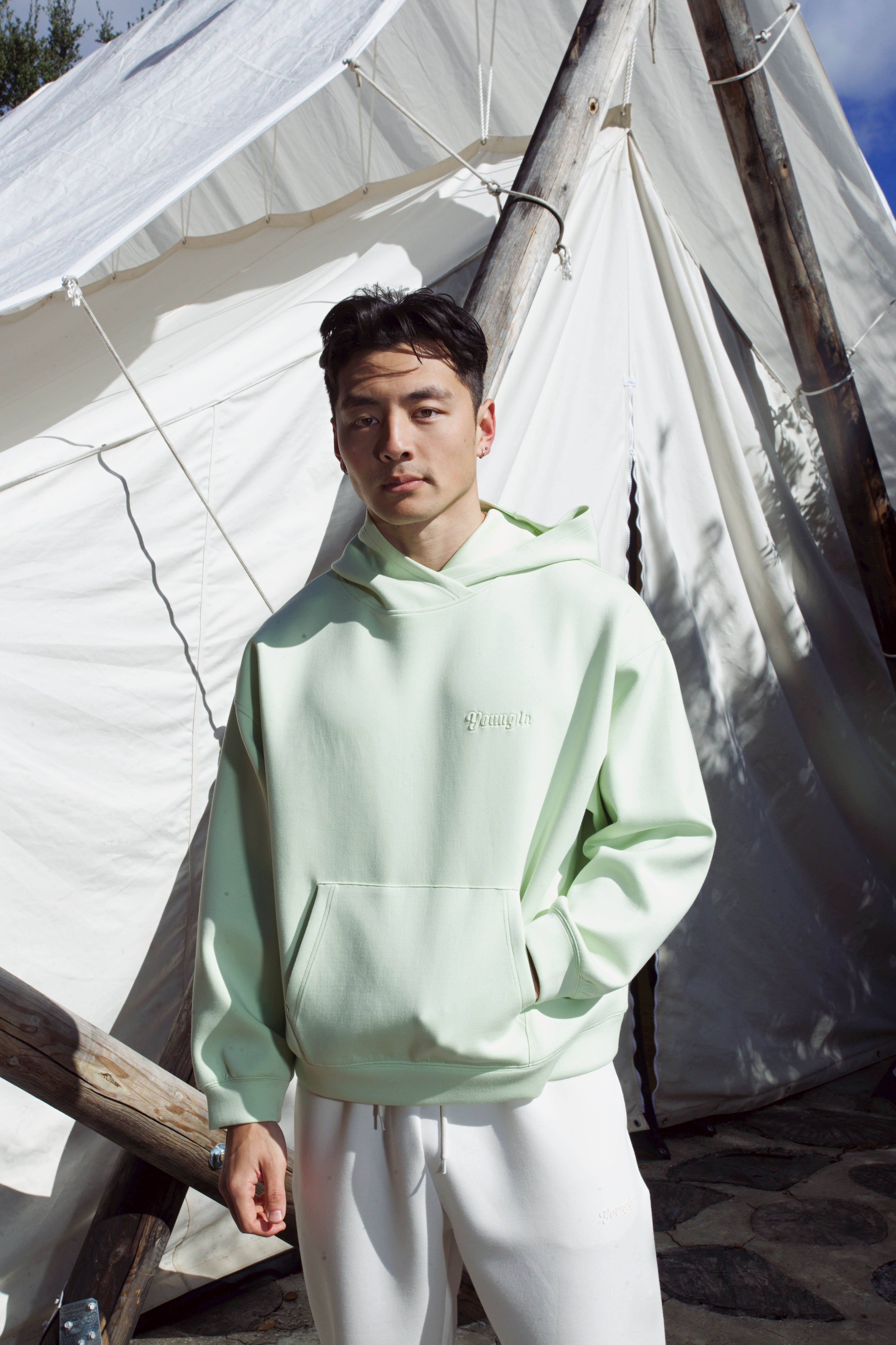Front view of the YoungLA comfort scuba hoodie, showcasing its stylish design.