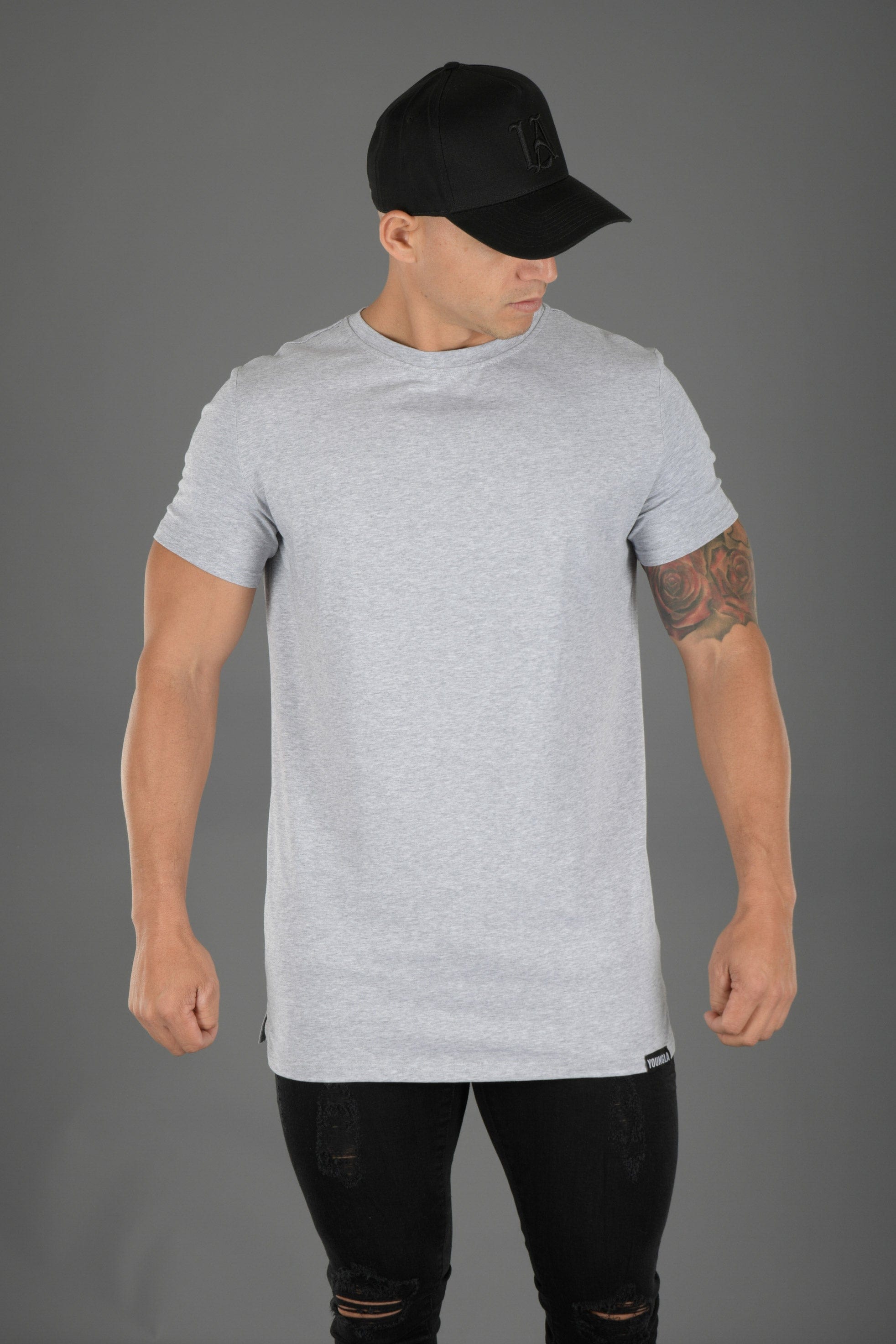 Front view of mens slim fit t shirts emphasizing muscle fit