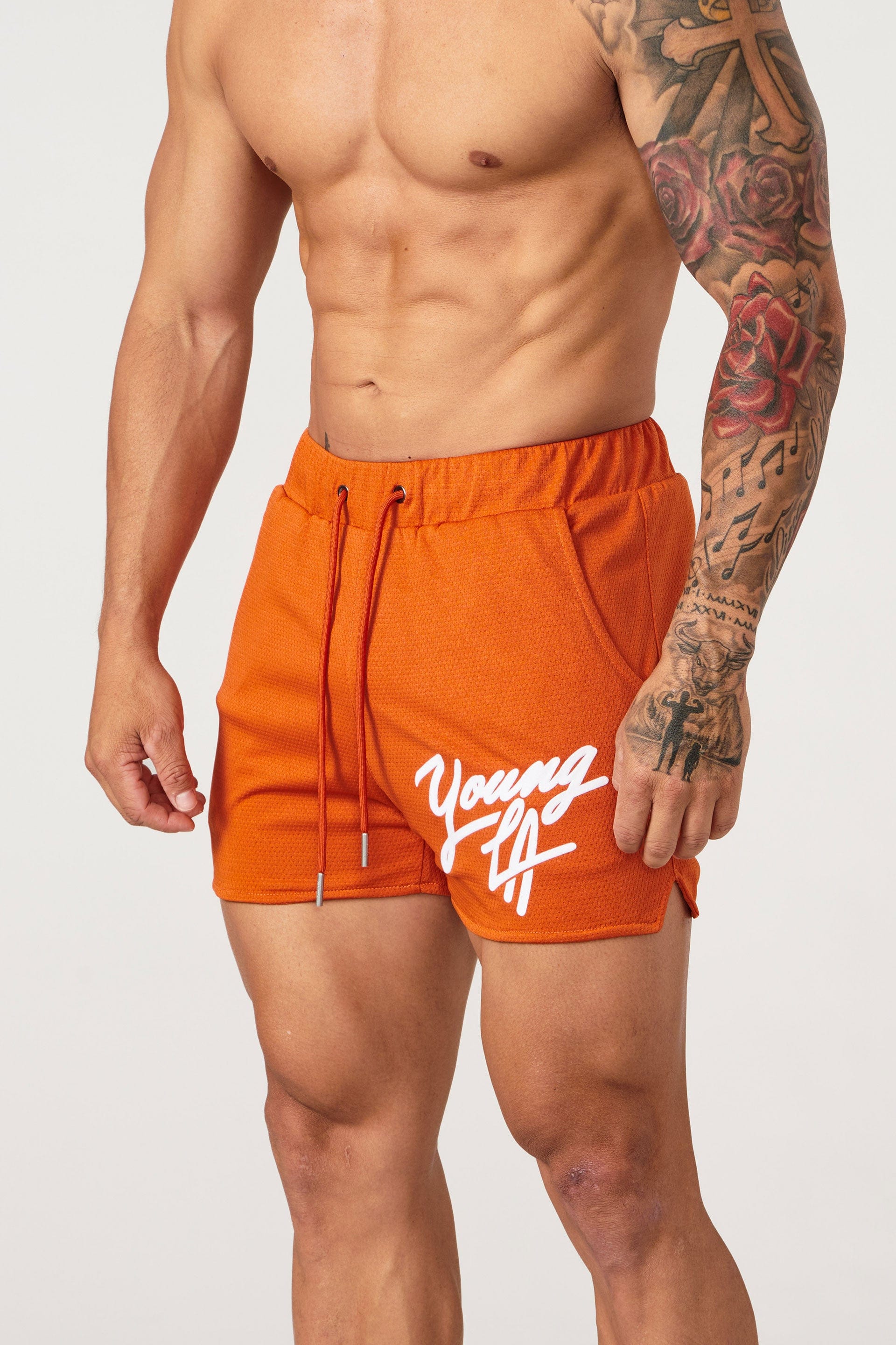 Gray mens workout shorts on hanger showing waistband detail