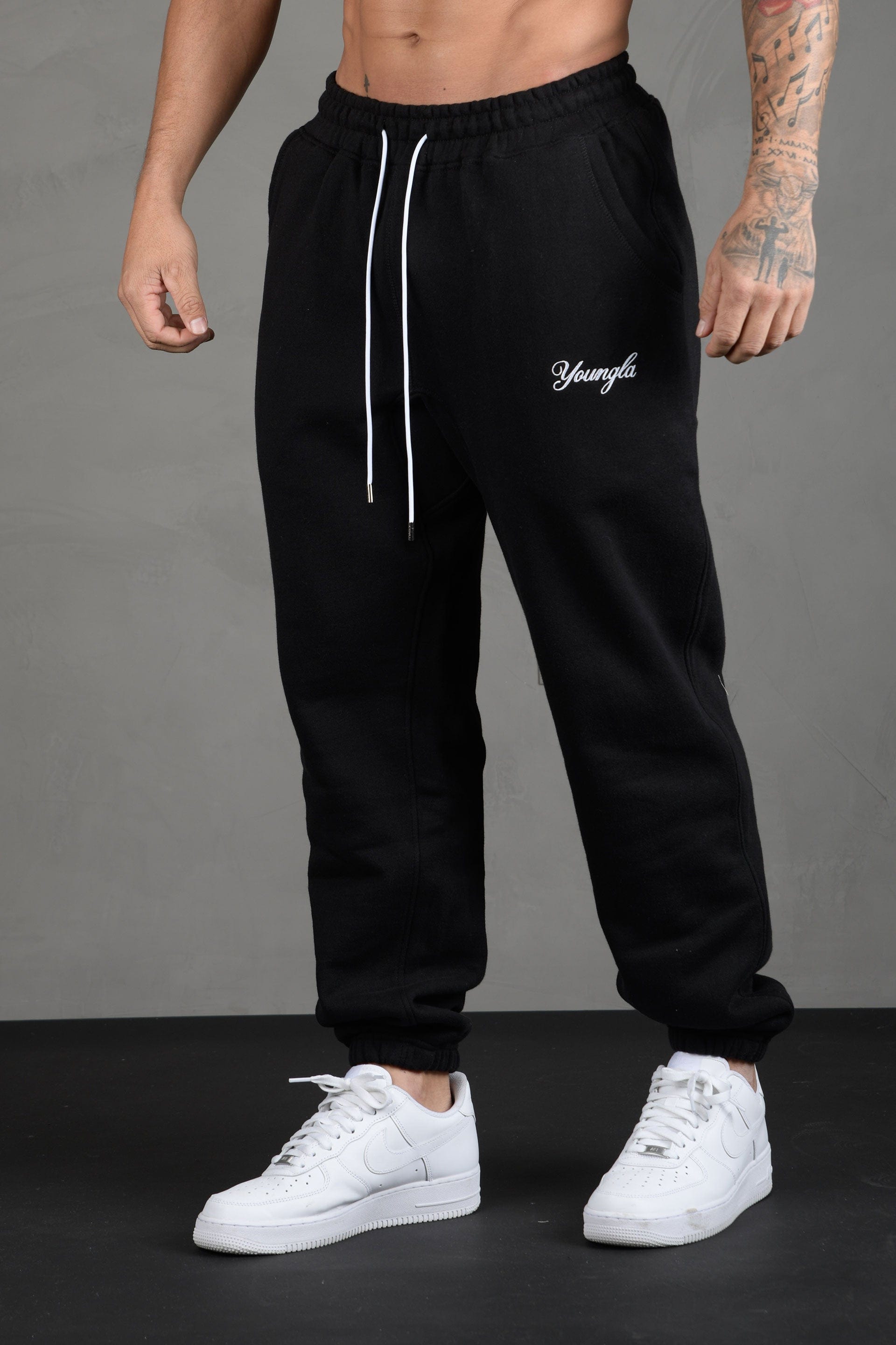 Close-up of mens cotton joggers showing cargo pocket detail