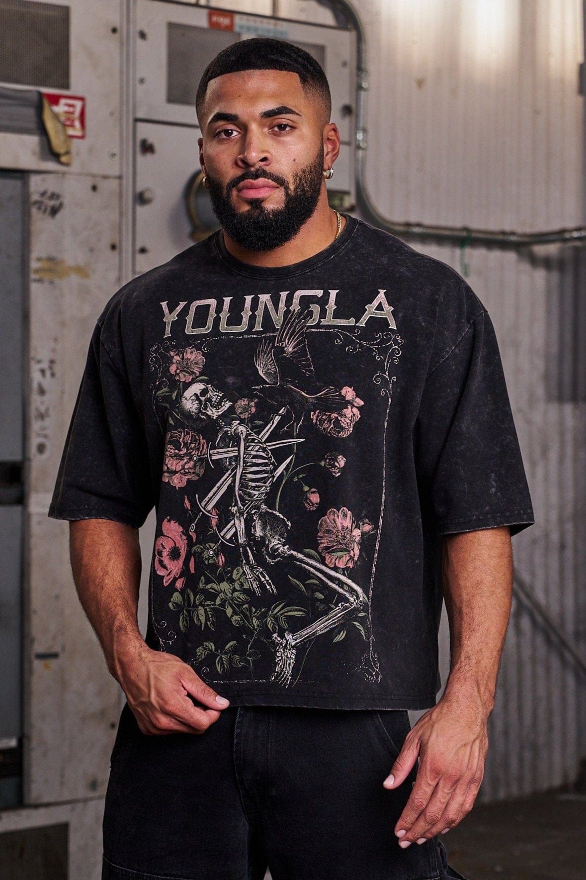 Front view of vintage t-shirt worn by model in urban setting