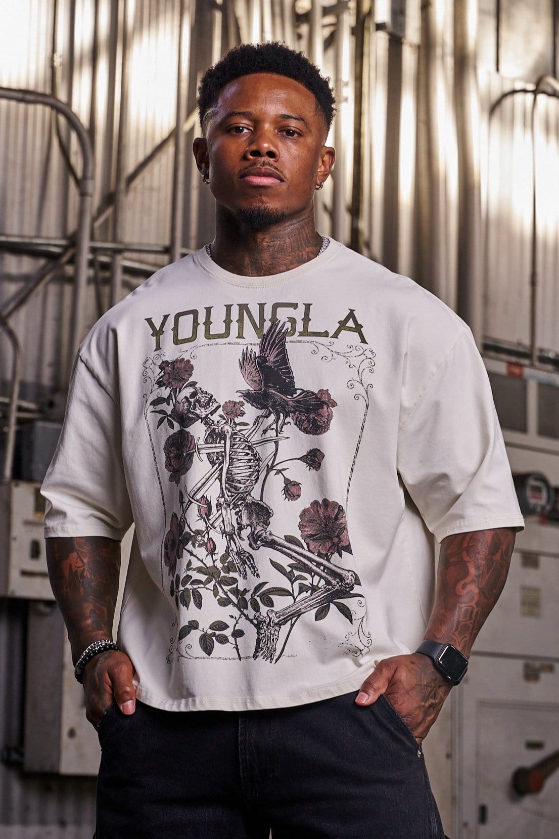 Front view of vintage t-shirt worn by model in urban setting