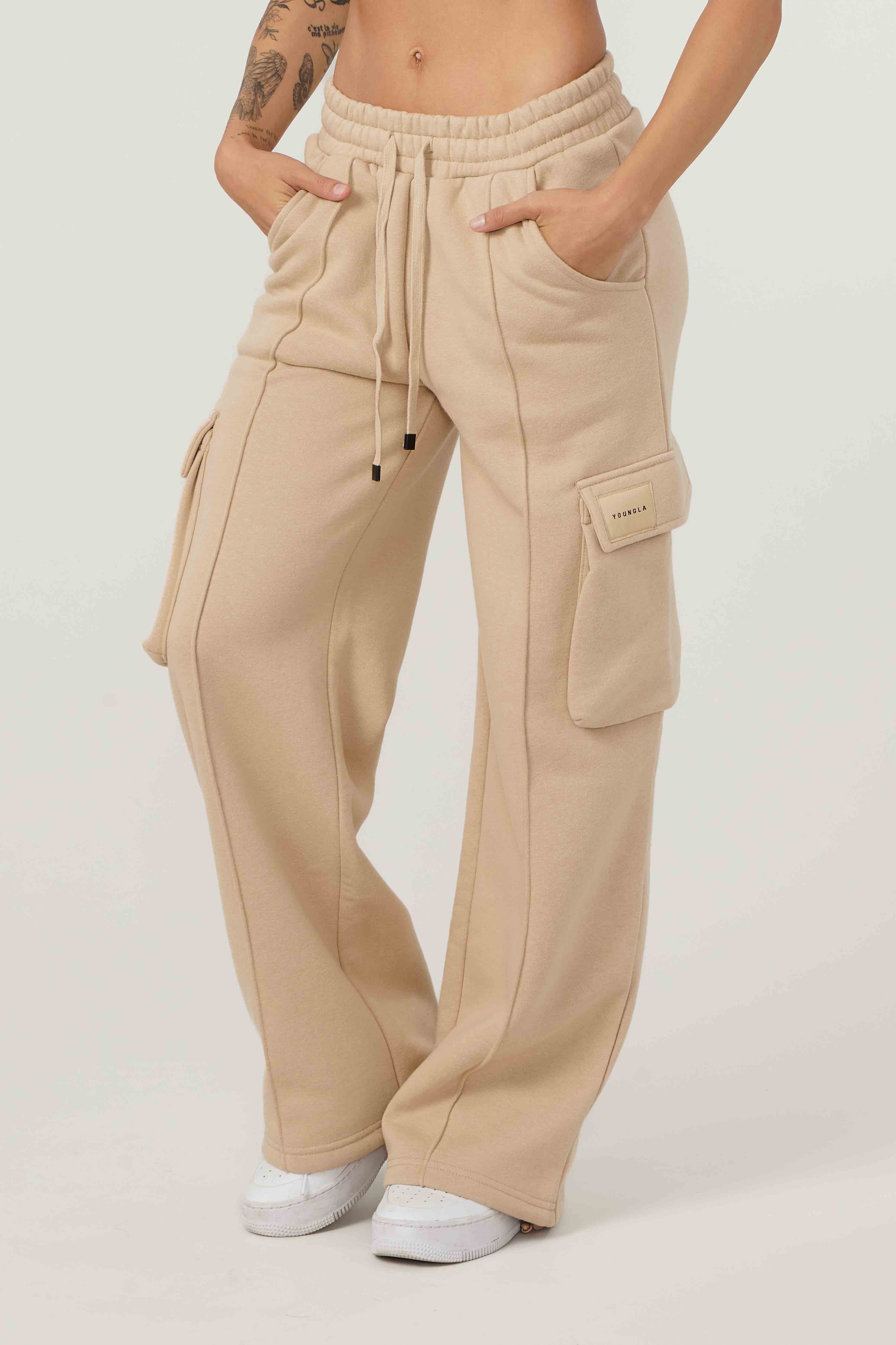 Front view of fleece cargo joggers with adjustable drawstring and deep side pockets