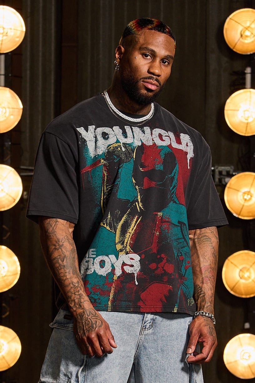 Close-up of The Boys tees artwork on premium cotton fabric