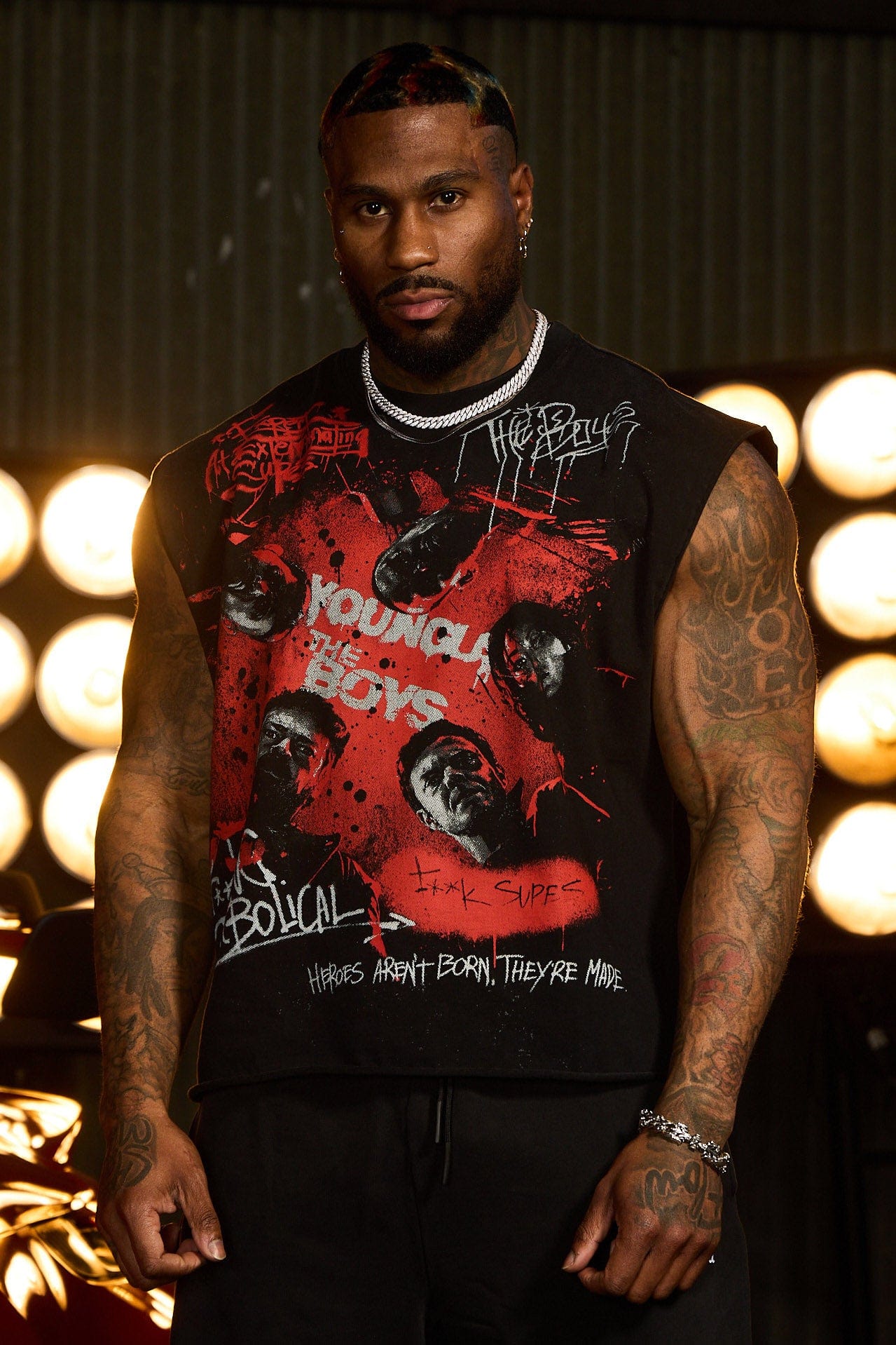 Close-up of graphic detail on The Boys cut-off shorts
