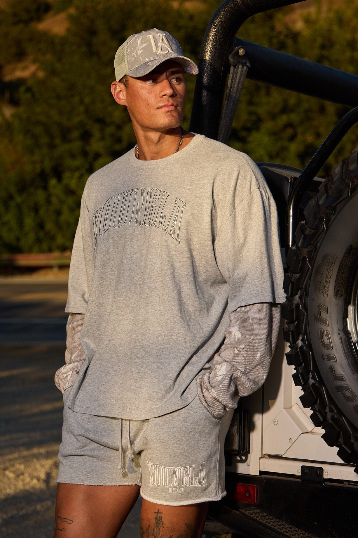 Side view of the cotton camo t shirt, highlighting its loose fit and comfort.