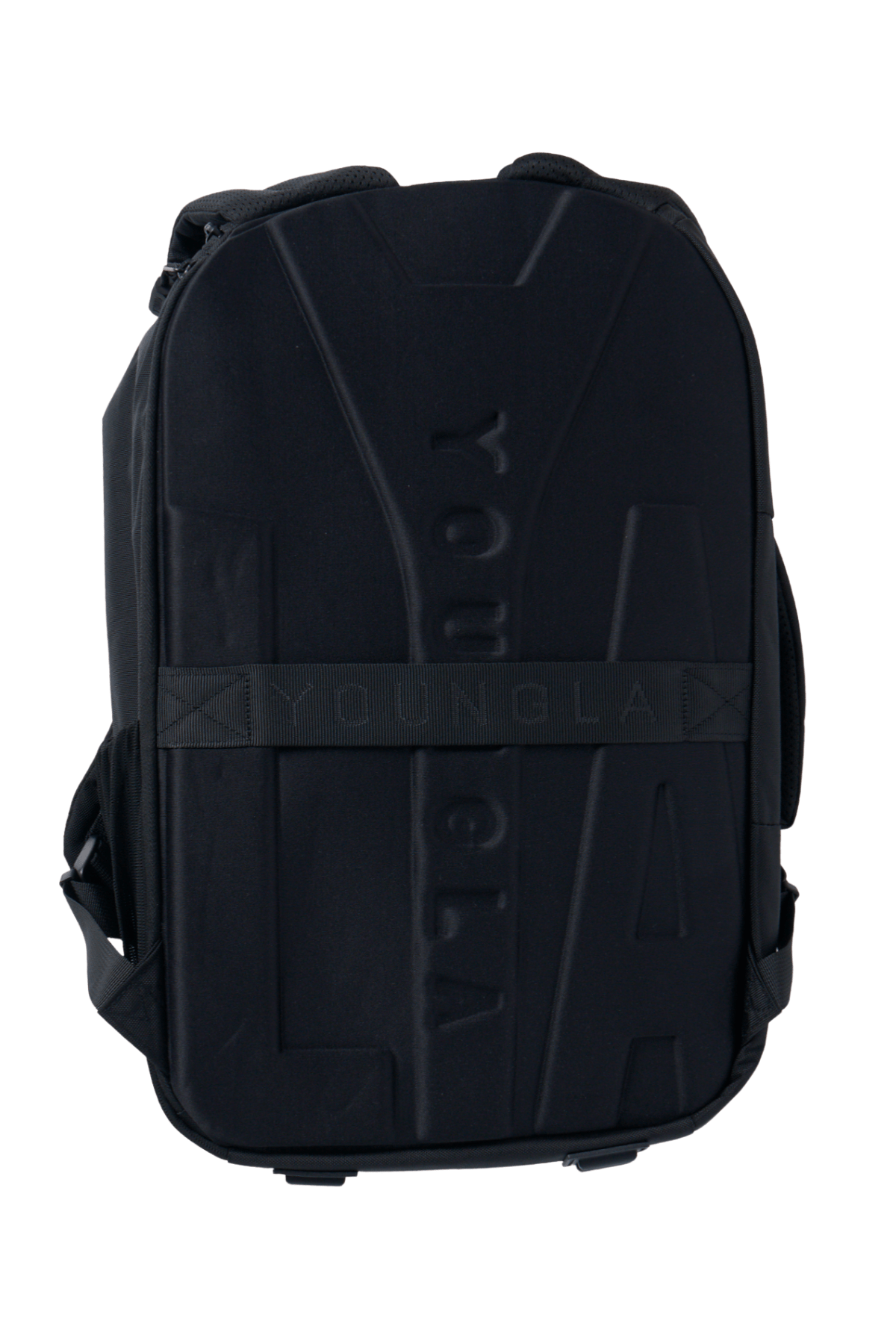 YoungLA Expedition backpack open, displaying laptop sleeve and organizer pockets