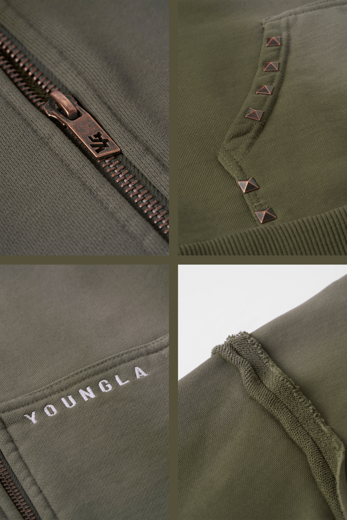 Close-up of raw seams and studs on the pocket of the oversized hoodie