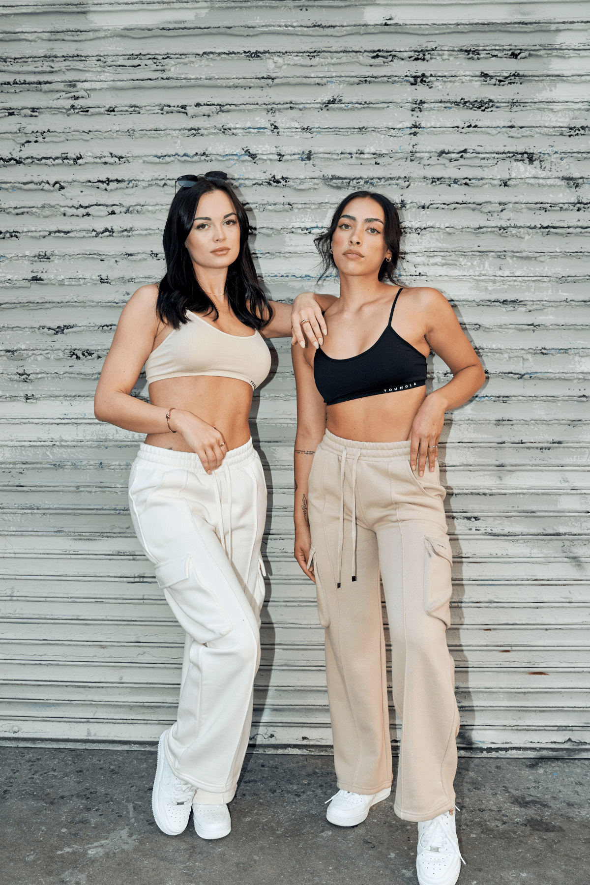 Front view of fleece cargo joggers with adjustable drawstring and deep side pockets
